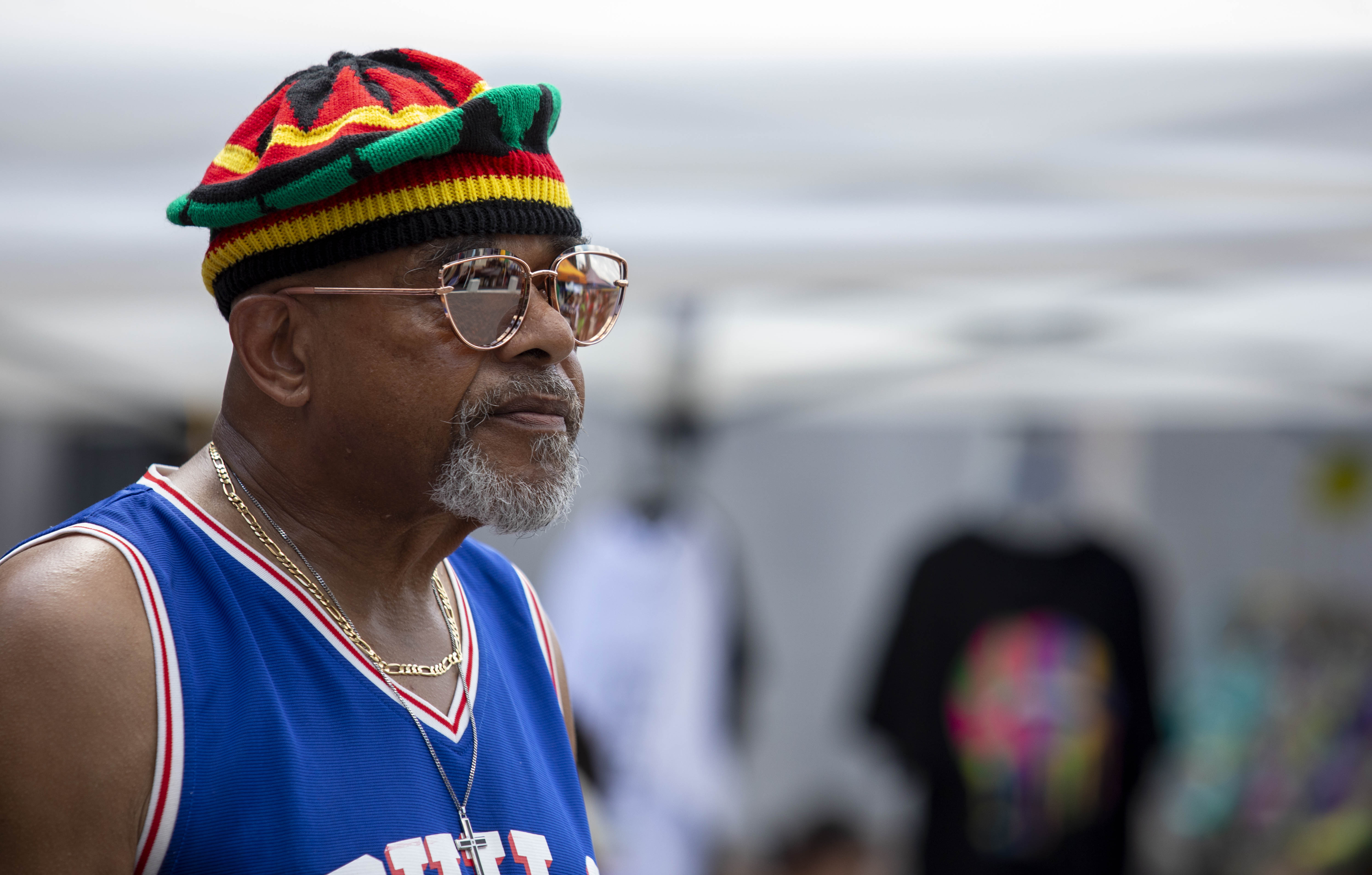 Tyrone Fredericks watches the crowd Saturday, July 6, 2024, during the One Earth ReggaeFest at SteelStacks in Bethlehem. (Emma Reed/The Morning Call)