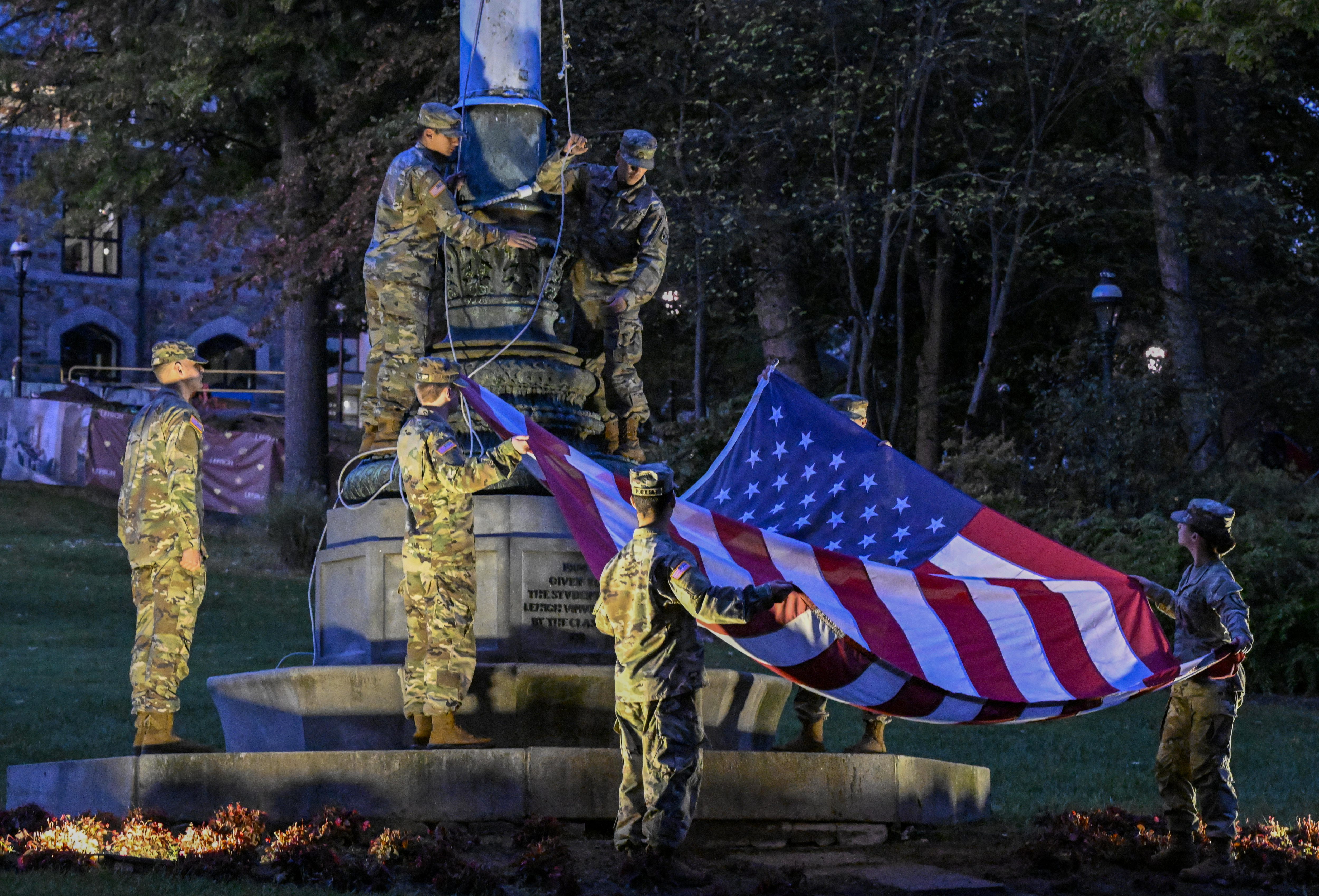 Lehigh University and the Steel Battalion Army ROTC Program holds its annual 9/11 memorial event Wednesday, Sept. 11, 2024, to mark the 23rd anniversary of the terror attacks. The ceremony included a flag raising, moment of silence and the planting of the 2,977 American flags to honor the lives lost. (Monica Cabrera/The Morning Call)