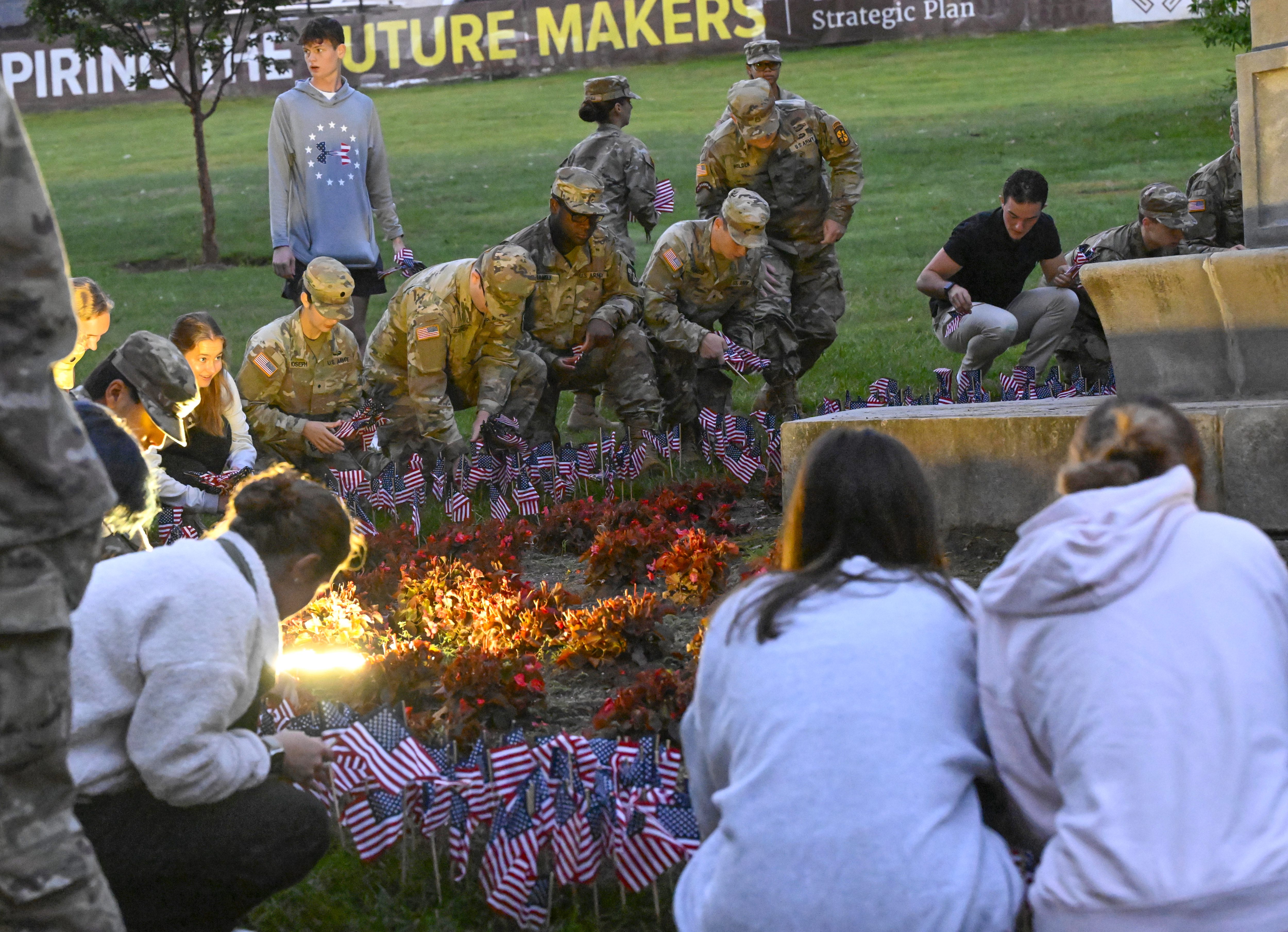 Lehigh University and the Steel Battalion Army ROTC Program holds its annual 9/11 memorial event Wednesday, Sept. 11, 2024, to mark the 23rd anniversary of the terror attacks. The ceremony included a flag raising, moment of silence and the planting of the 2,977 American flags to honor the lives lost. (Monica Cabrera/The Morning Call)