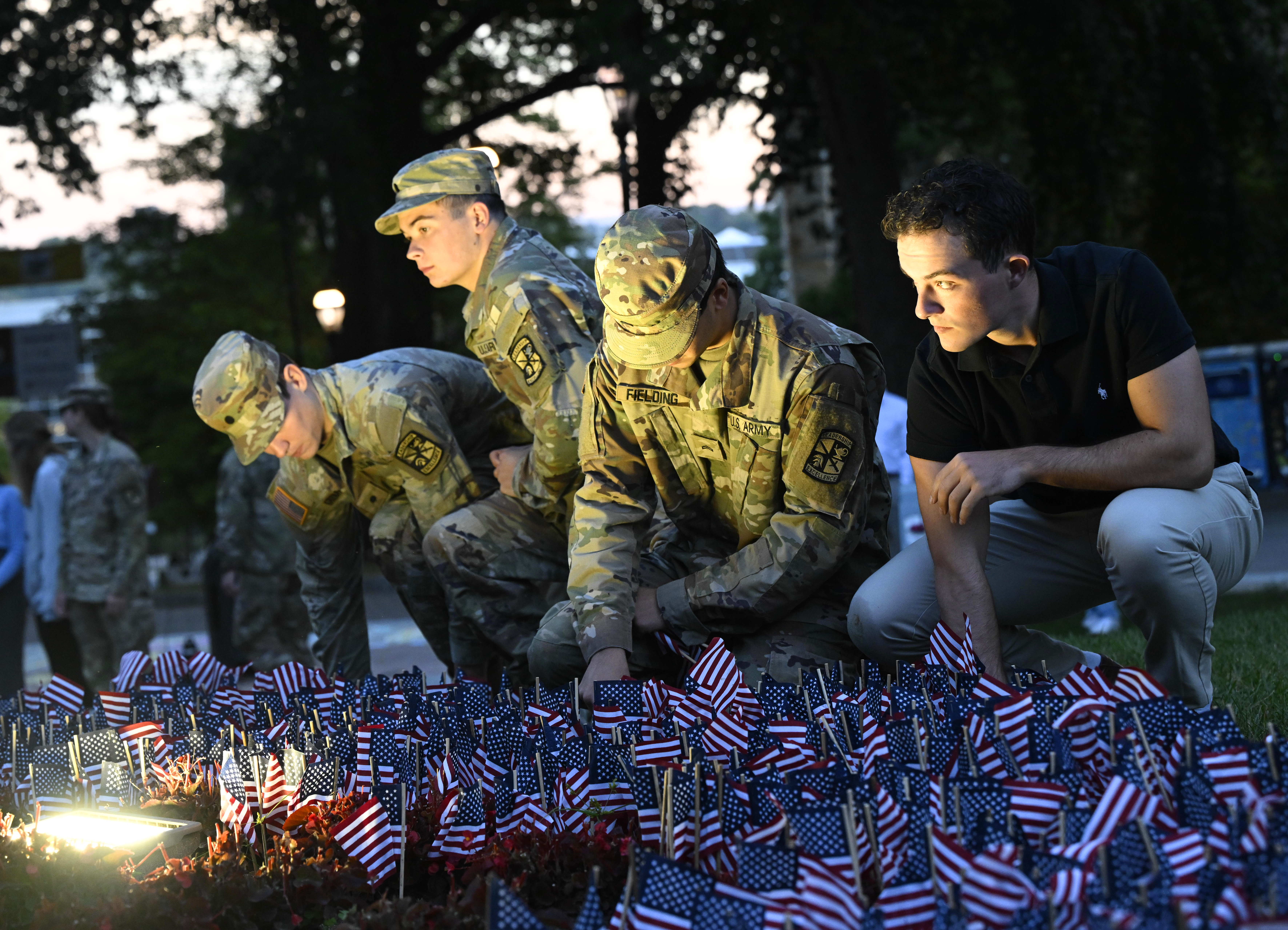 Lehigh University and the Steel Battalion Army ROTC Program holds its annual 9/11 memorial event Wednesday, Sept. 11, 2024, to mark the 23rd anniversary of the terror attacks. The ceremony included a flag raising, moment of silence and the planting of the 2,977 American flags to honor the lives lost. (Monica Cabrera/The Morning Call)