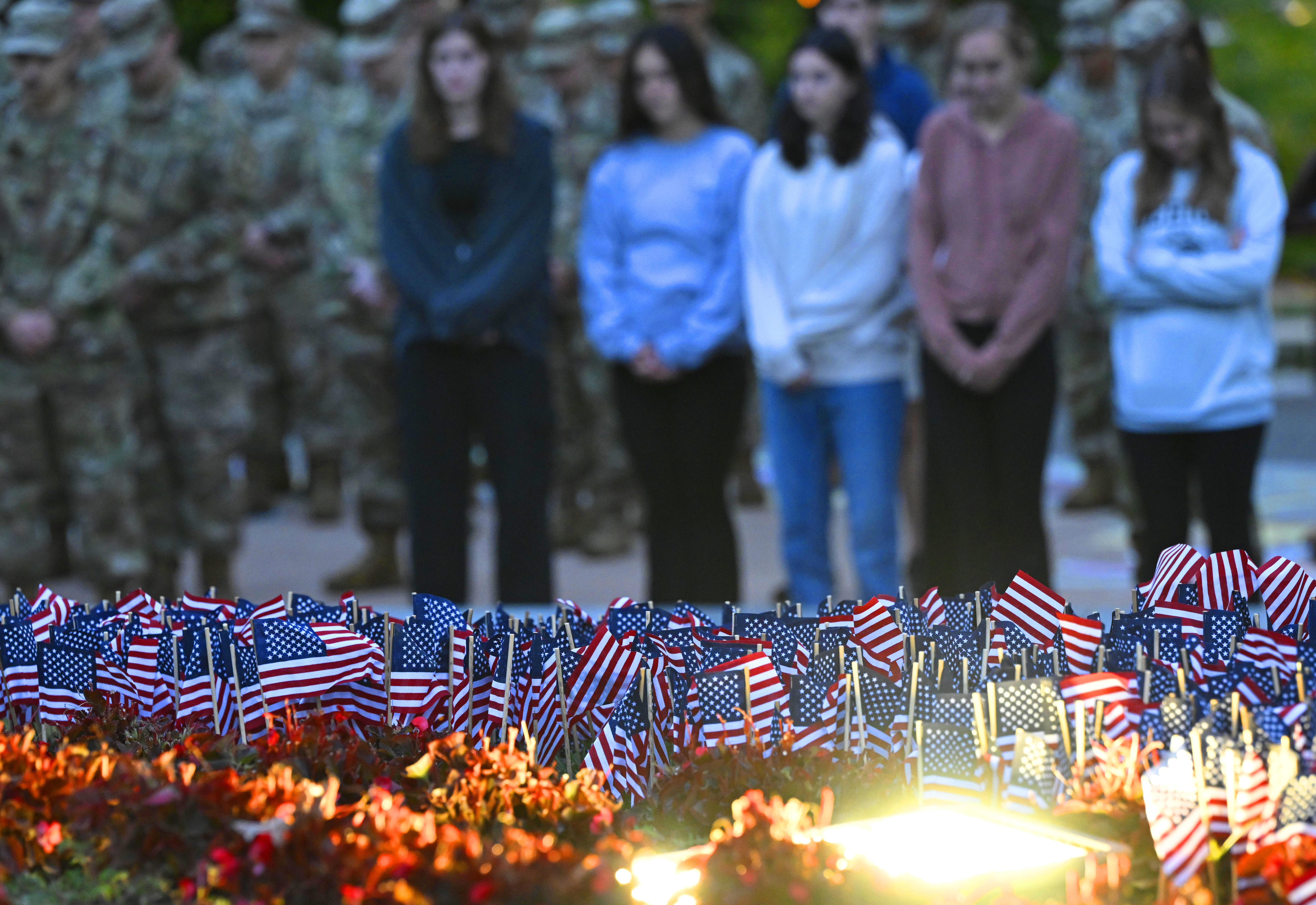 Lehigh University and the Steel Battalion Army ROTC Program holds its annual 9/11 memorial event Wednesday, Sept. 11, 2024, to mark the 23rd anniversary of the terror attacks. The ceremony included a flag raising, moment of silence and the planting of the 2,977 American flags to honor the lives lost. (Monica Cabrera/The Morning Call)