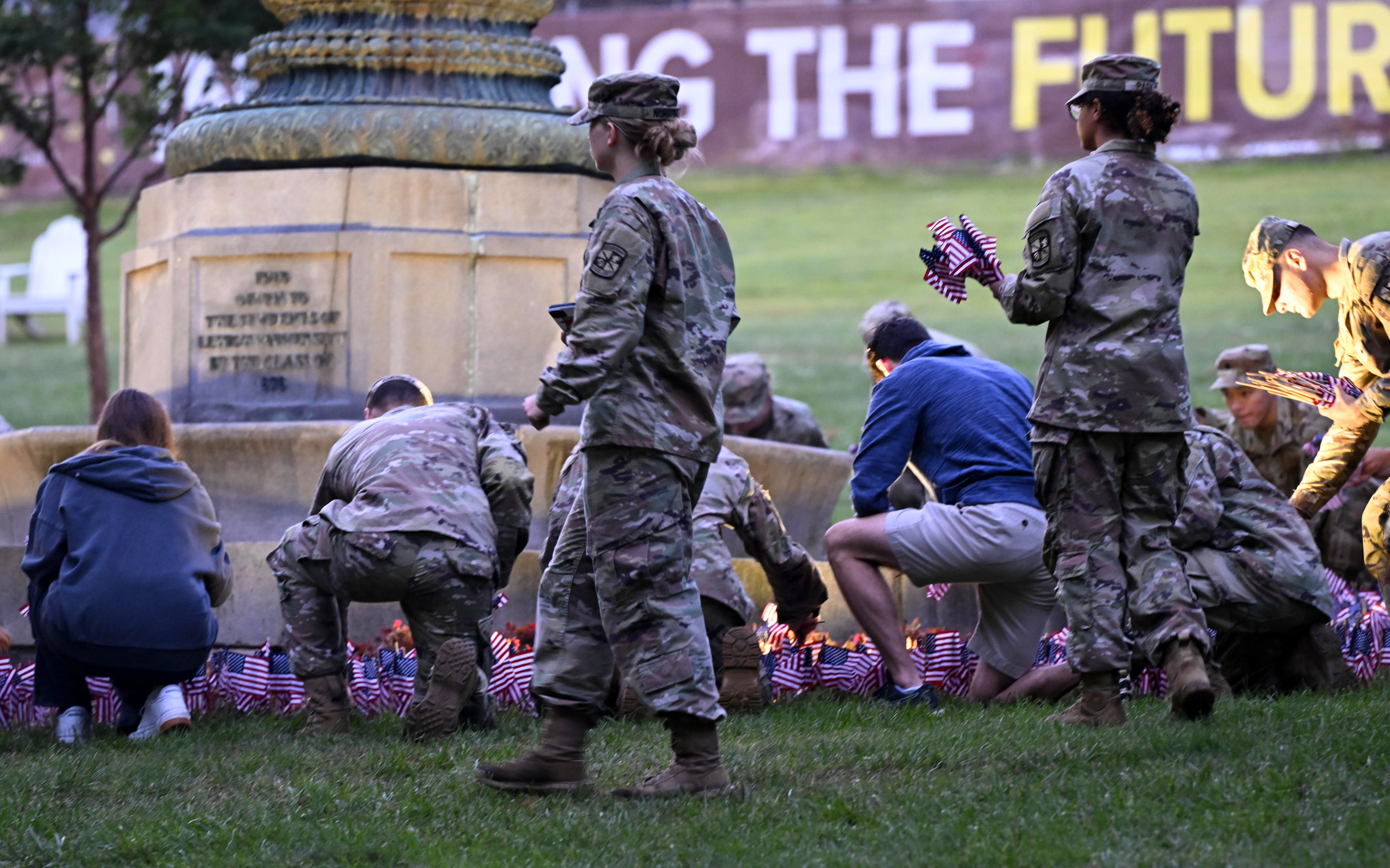 Lehigh University and the Steel Battalion Army ROTC Program holds its annual 9/11 memorial event Wednesday, Sept. 11, 2024, to mark the 23rd anniversary of the terror attacks. The ceremony included a flag raising, moment of silence and the planting of the 2,977 American flags to honor the lives lost. (Monica Cabrera/The Morning Call)