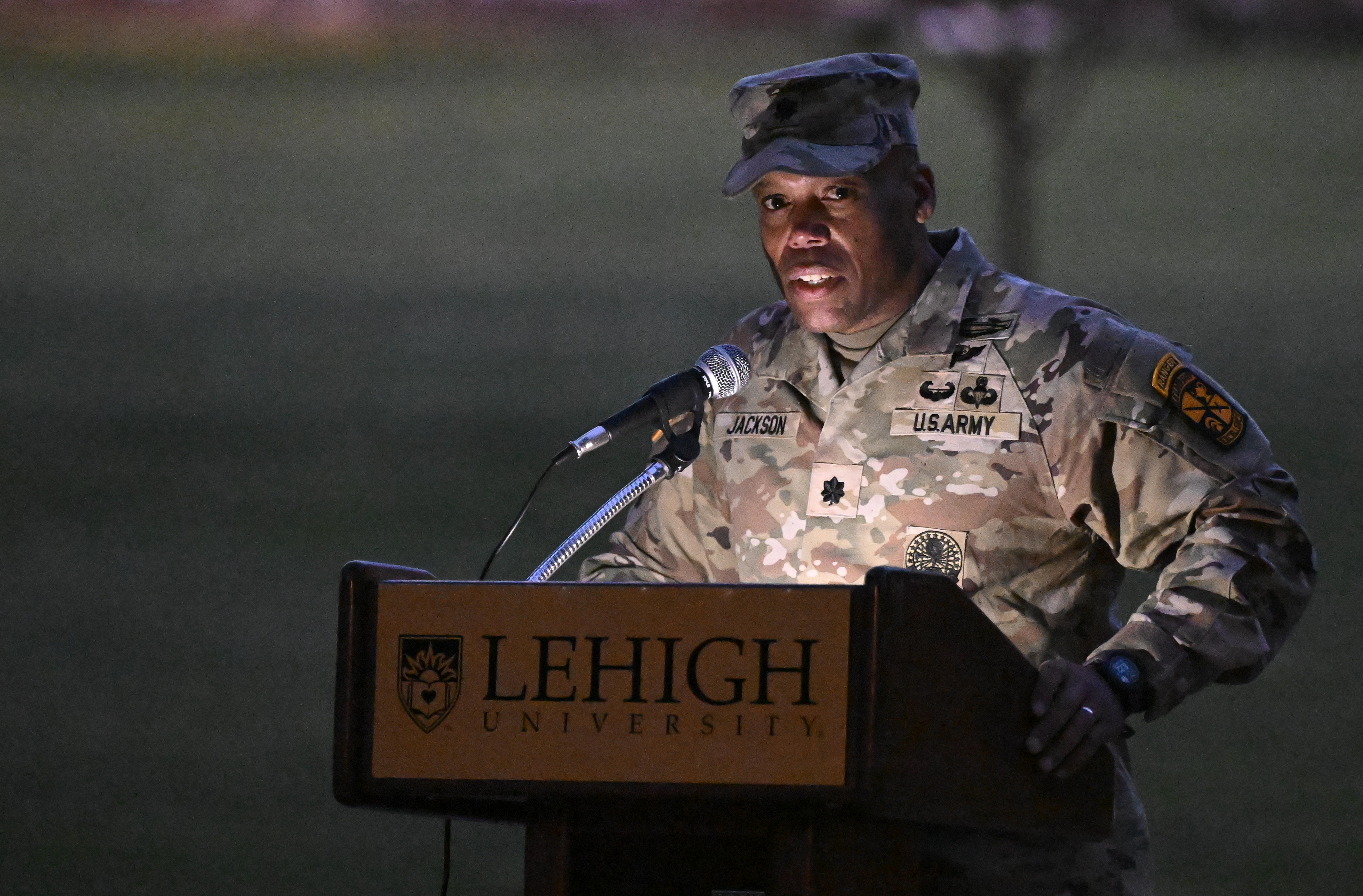 Lieutenant Colonel Preston Jackson gives remarks as Lehigh University and the Steel Battalion Army ROTC Program holds its annual 9/11 memorial event Wednesday, Sept. 11, 2024, to mark the 23rd anniversary of the terror attacks. The ceremony included a flag raising, moment of silence and the planting of the 2,977 American flags to honor the lives lost. (Monica Cabrera/The Morning Call)