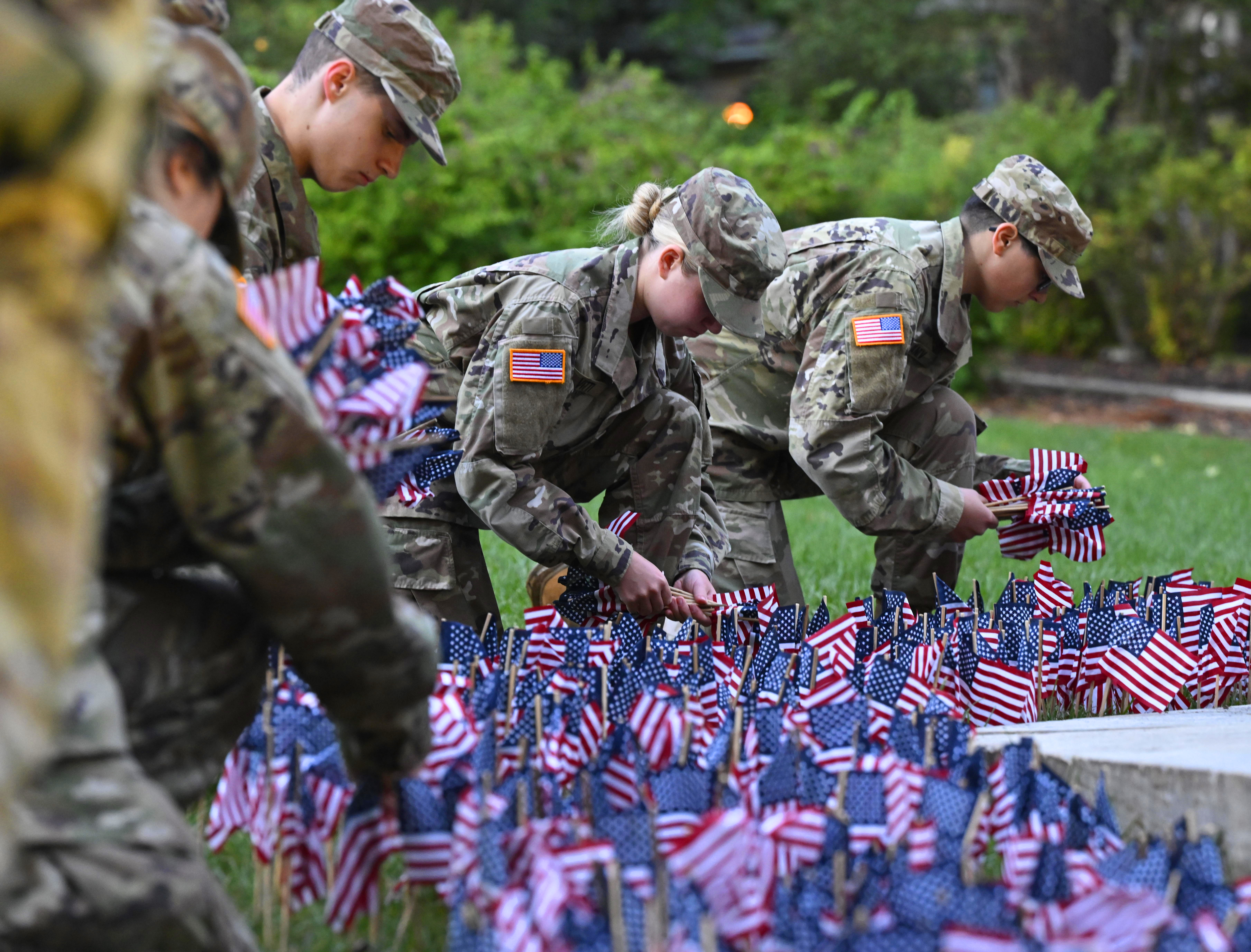 Lehigh University and the Steel Battalion Army ROTC Program holds its annual 9/11 memorial event Wednesday, Sept. 11, 2024, to mark the 23rd anniversary of the terror attacks. The ceremony included a flag raising, moment of silence and the planting of the 2,977 American flags to honor the lives lost. (Monica Cabrera/The Morning Call)