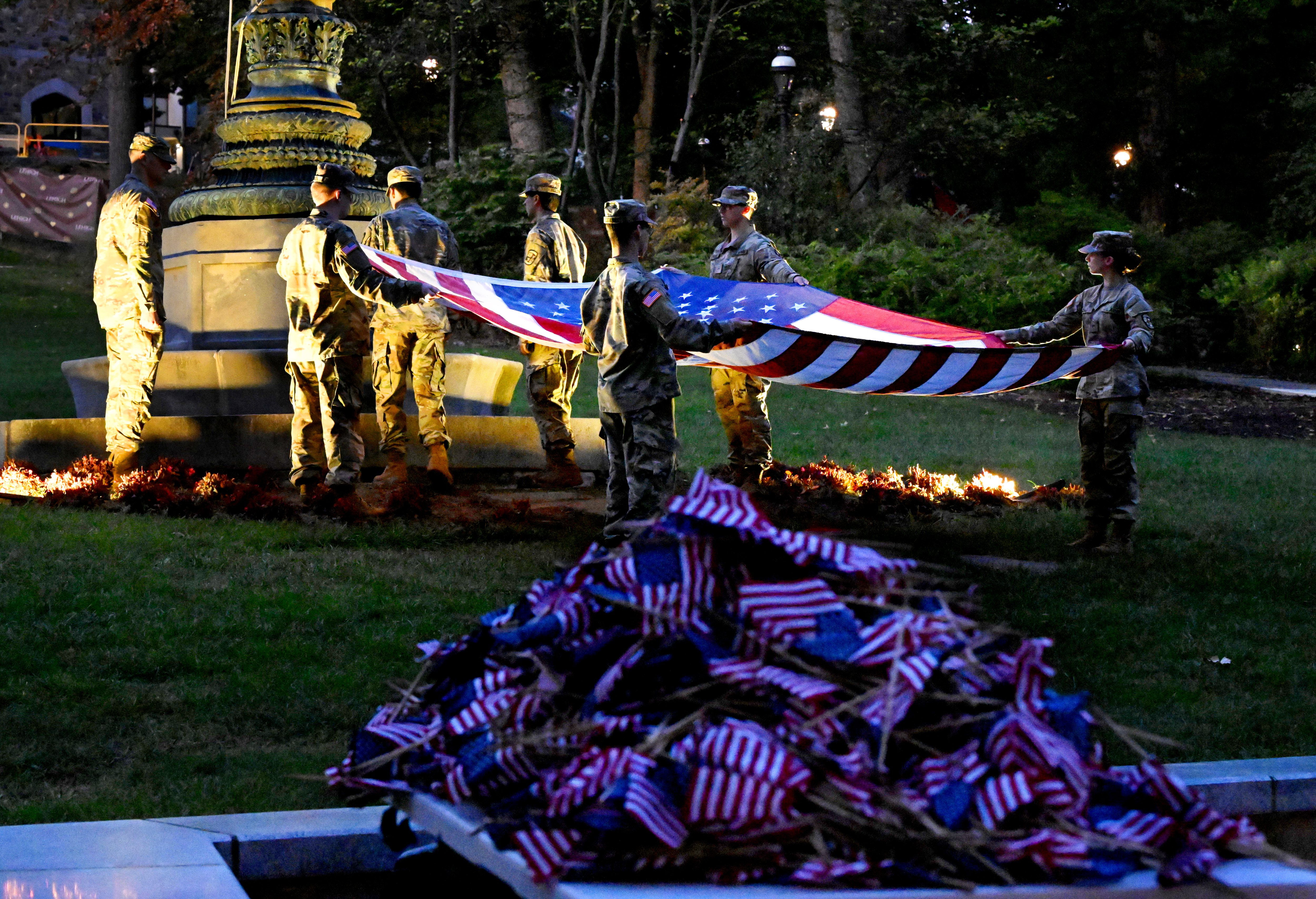 Lehigh University and the Steel Battalion Army ROTC Program holds its annual 9/11 memorial event Wednesday, Sept. 11, 2024, to mark the 23rd anniversary of the terror attacks. The ceremony included a flag raising, moment of silence and the planting of the 2,977 American flags to honor the lives lost. (Monica Cabrera/The Morning Call)