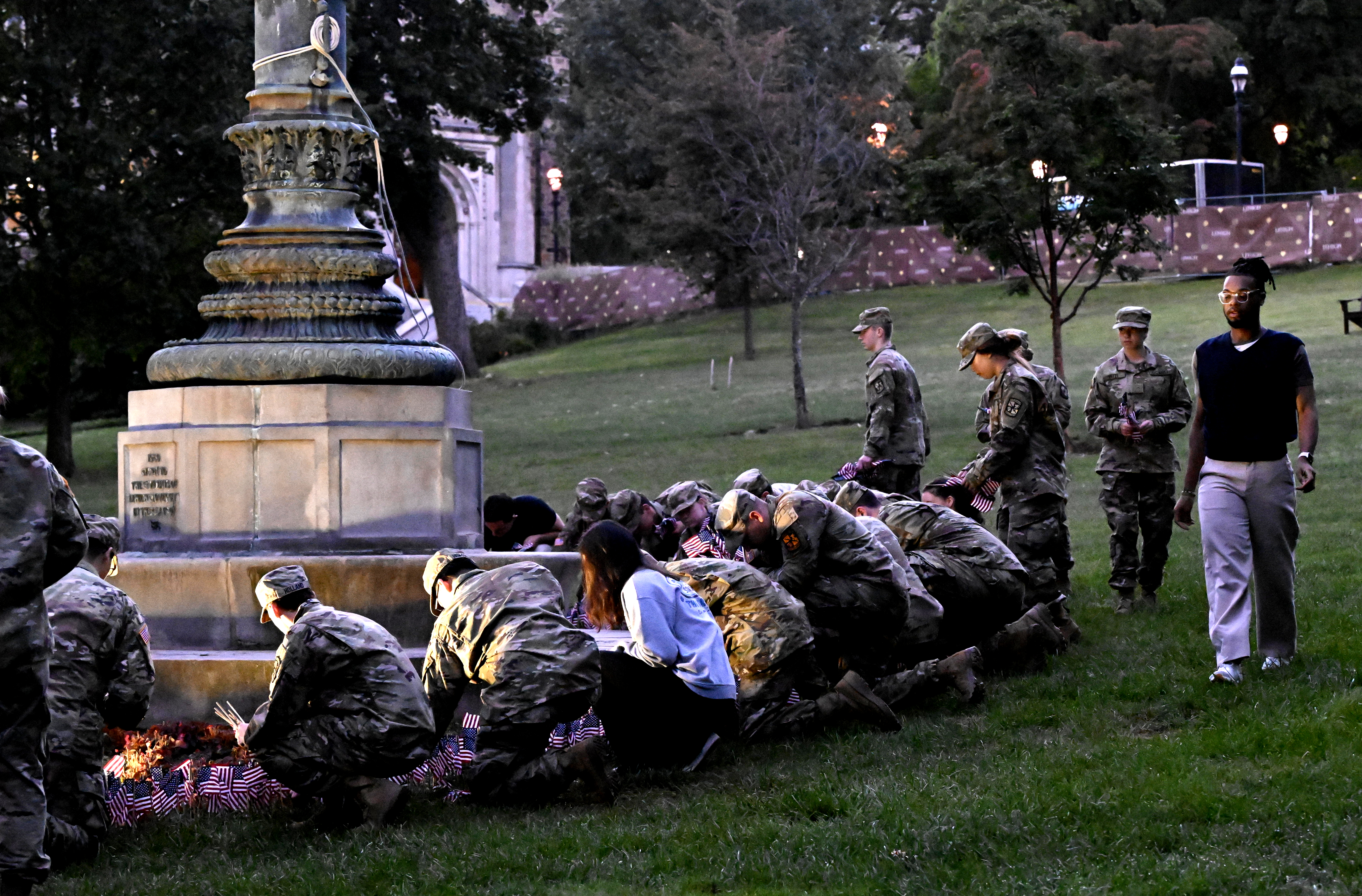 Lehigh University and the Steel Battalion Army ROTC Program holds its annual 9/11 memorial event Wednesday, Sept. 11, 2024, to mark the 23rd anniversary of the terror attacks. The ceremony included a flag raising, moment of silence and the planting of the 2,977 American flags to honor the lives lost. (Monica Cabrera/The Morning Call)