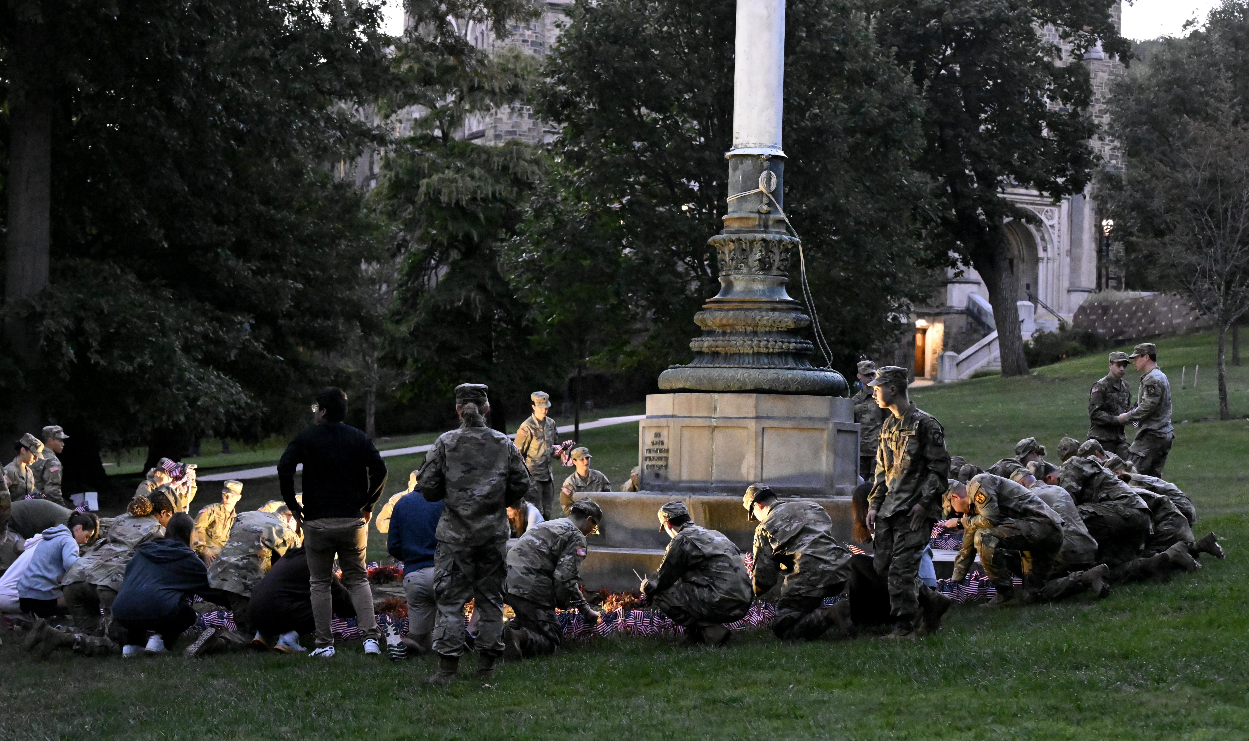 Lehigh University and the Steel Battalion Army ROTC Program holds its annual 9/11 memorial event Wednesday, Sept. 11, 2024, to mark the 23rd anniversary of the terror attacks. The ceremony included a flag raising, moment of silence and the planting of the 2,977 American flags to honor the lives lost. (Monica Cabrera/The Morning Call)