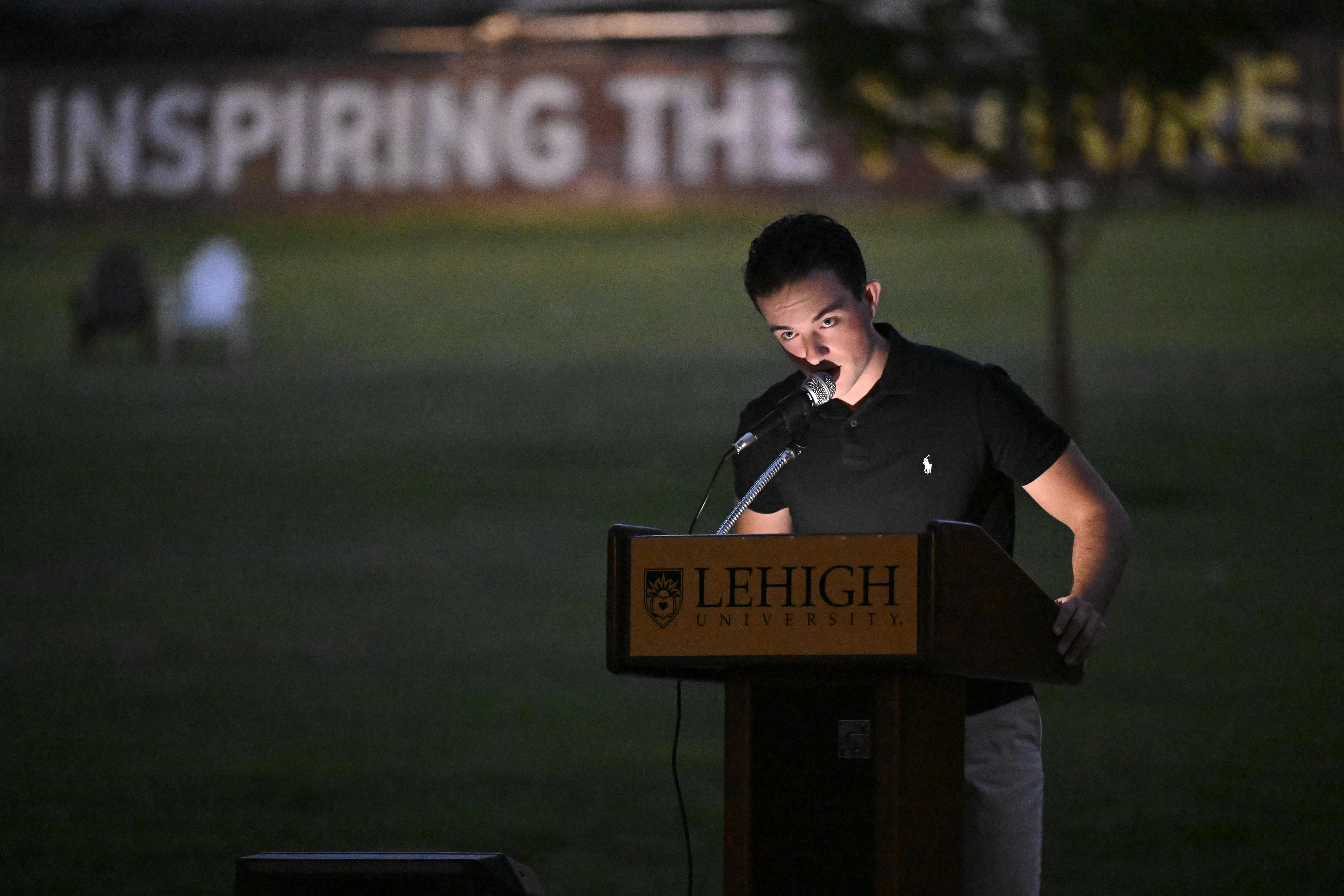 Axel Ekberg, President of Lehigh's Armed Forces Support Club addresses the audience as the Lehigh University and the Steel Battalion Army ROTC Program holds its annual 9/11 memorial event Wednesday, Sept. 11, 2024, to mark the 23rd anniversary of the terror attacks. The ceremony included a flag raising, moment of silence and the planting of the 2,977 American flags to honor the lives lost. (Monica Cabrera/The Morning Call)