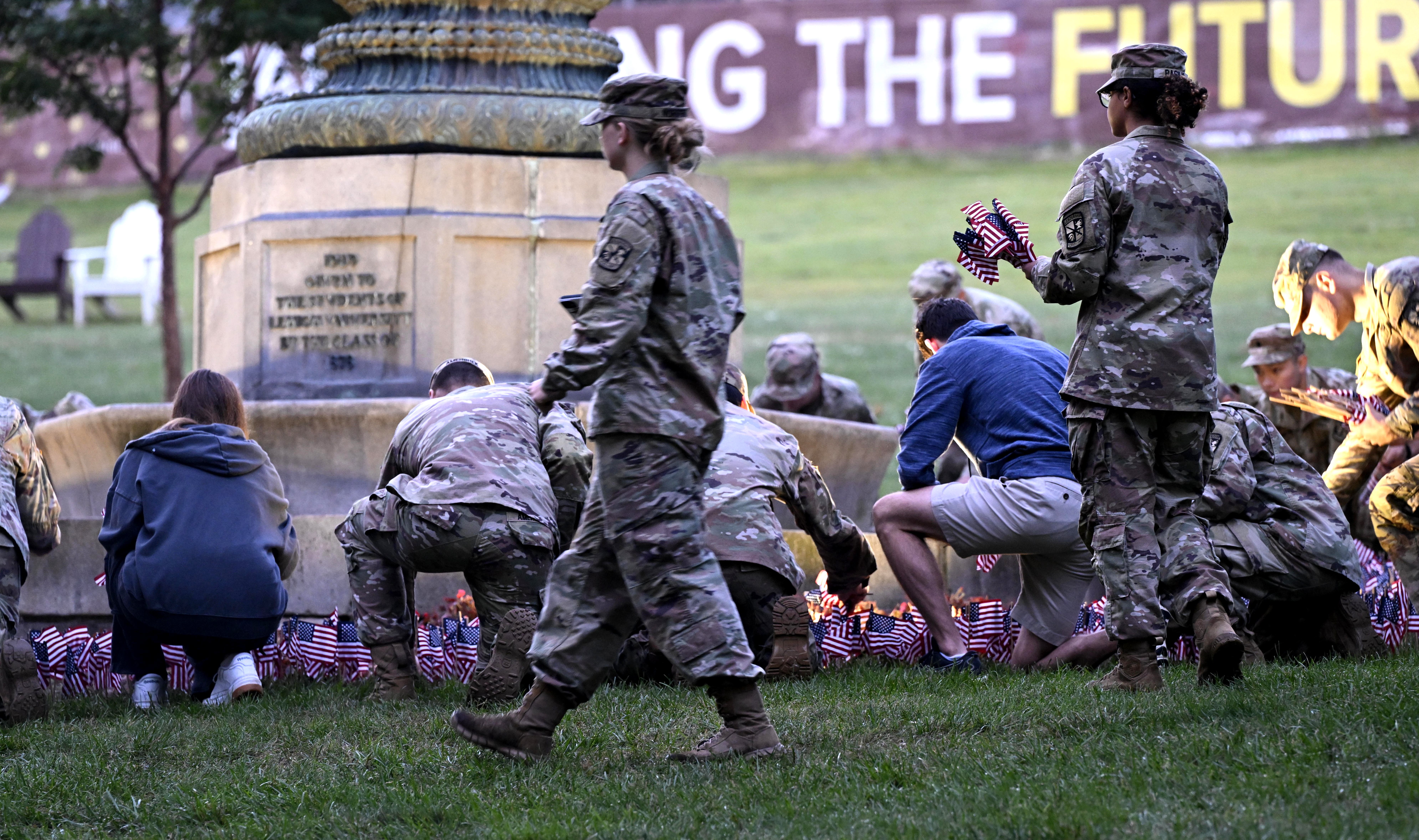 Lehigh University and the Steel Battalion Army ROTC Program holds its annual 9/11 memorial event Wednesday, Sept. 11, 2024, to mark the 23rd anniversary of the terror attacks. The ceremony included a flag raising, moment of silence and the planting of the 2,977 American flags to honor the lives lost. (Monica Cabrera/The Morning Call)