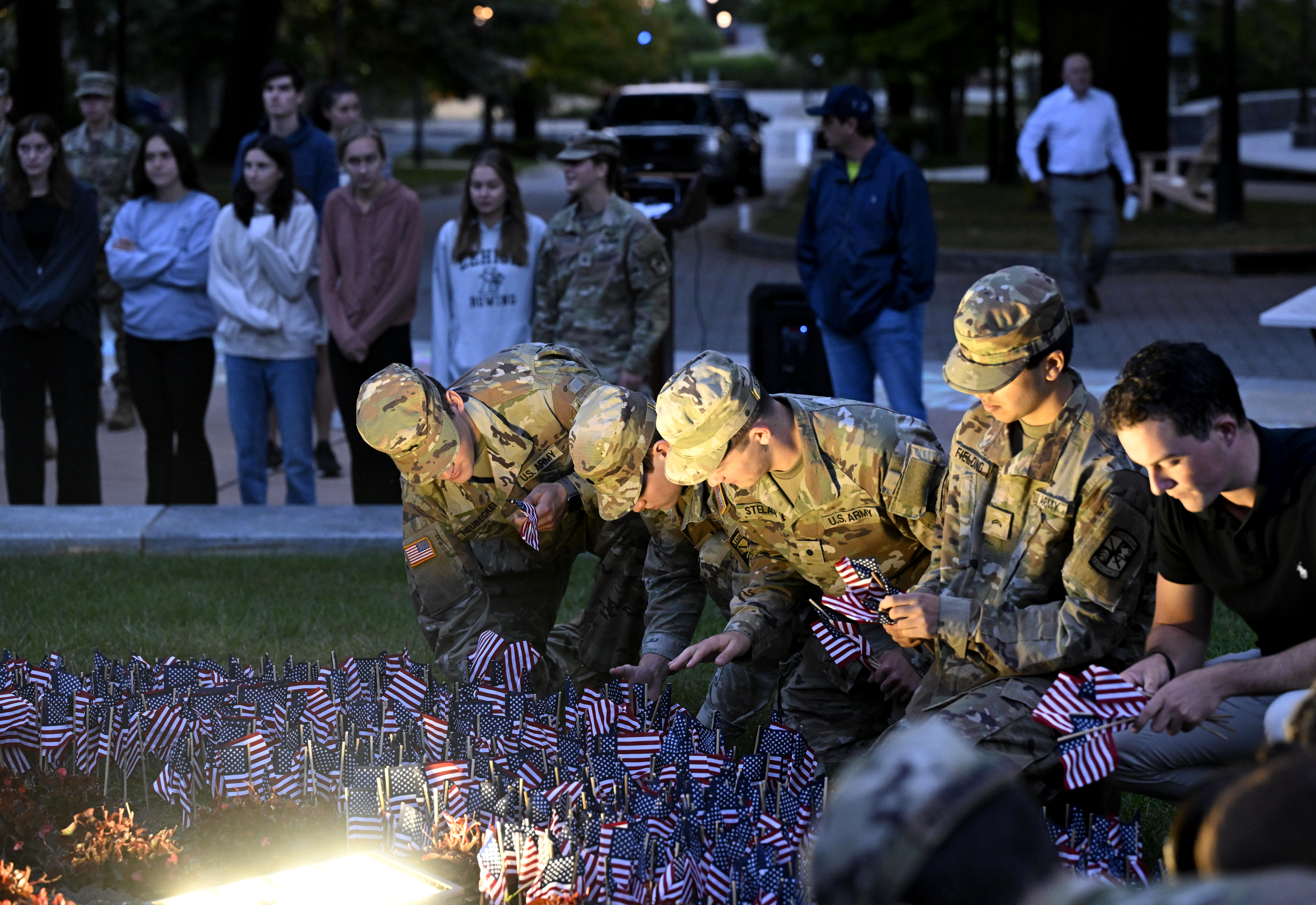 Lehigh University and the Steel Battalion Army ROTC Program holds its annual 9/11 memorial event Wednesday, Sept. 11, 2024, to mark the 23rd anniversary of the terror attacks. The ceremony included a flag raising, moment of silence and the planting of the 2,977 American flags to honor the lives lost. (Monica Cabrera/The Morning Call)