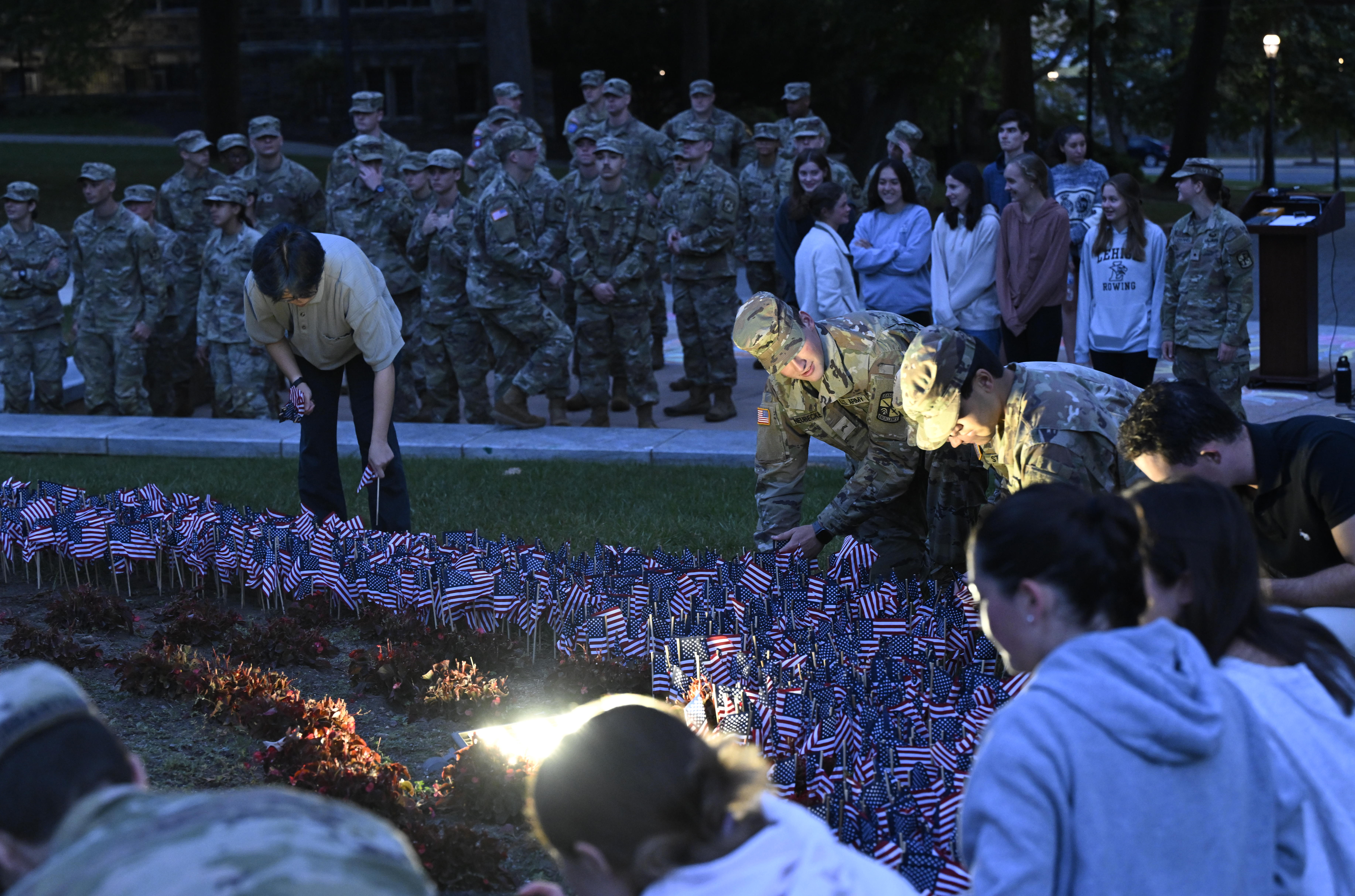 Lehigh University and the Steel Battalion Army ROTC Program holds its annual 9/11 memorial event Wednesday, Sept. 11, 2024, to mark the 23rd anniversary of the terror attacks. The ceremony included a flag raising, moment of silence and the planting of the 2,977 American flags to honor the lives lost. (Monica Cabrera/The Morning Call)