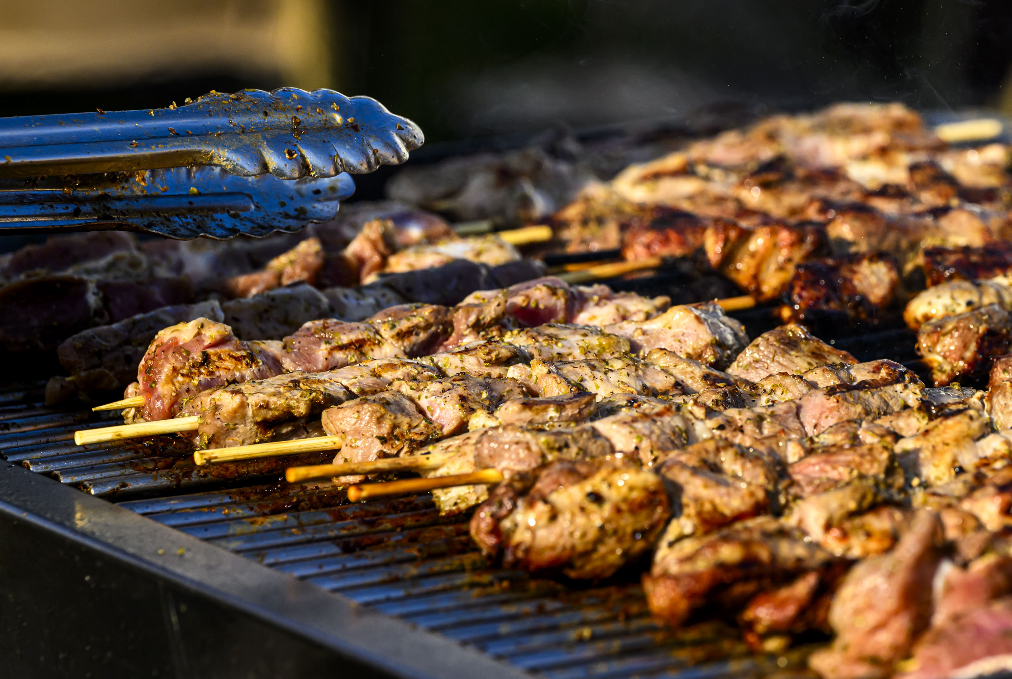 Pork and chicken souvlaki are freshly grilled Thursday, Sept. 19, 2024, at the St. Nicholas Greek Orthodox Cathedral's Greek Food Festival in Bethlehem. The festival runs through Sept. 22 and features music, Greek dancing, and Greek food such as gyros, souvlaki, spanakopita and desserts including baklava and kataifi.(April Gamiz/The Morning Call)