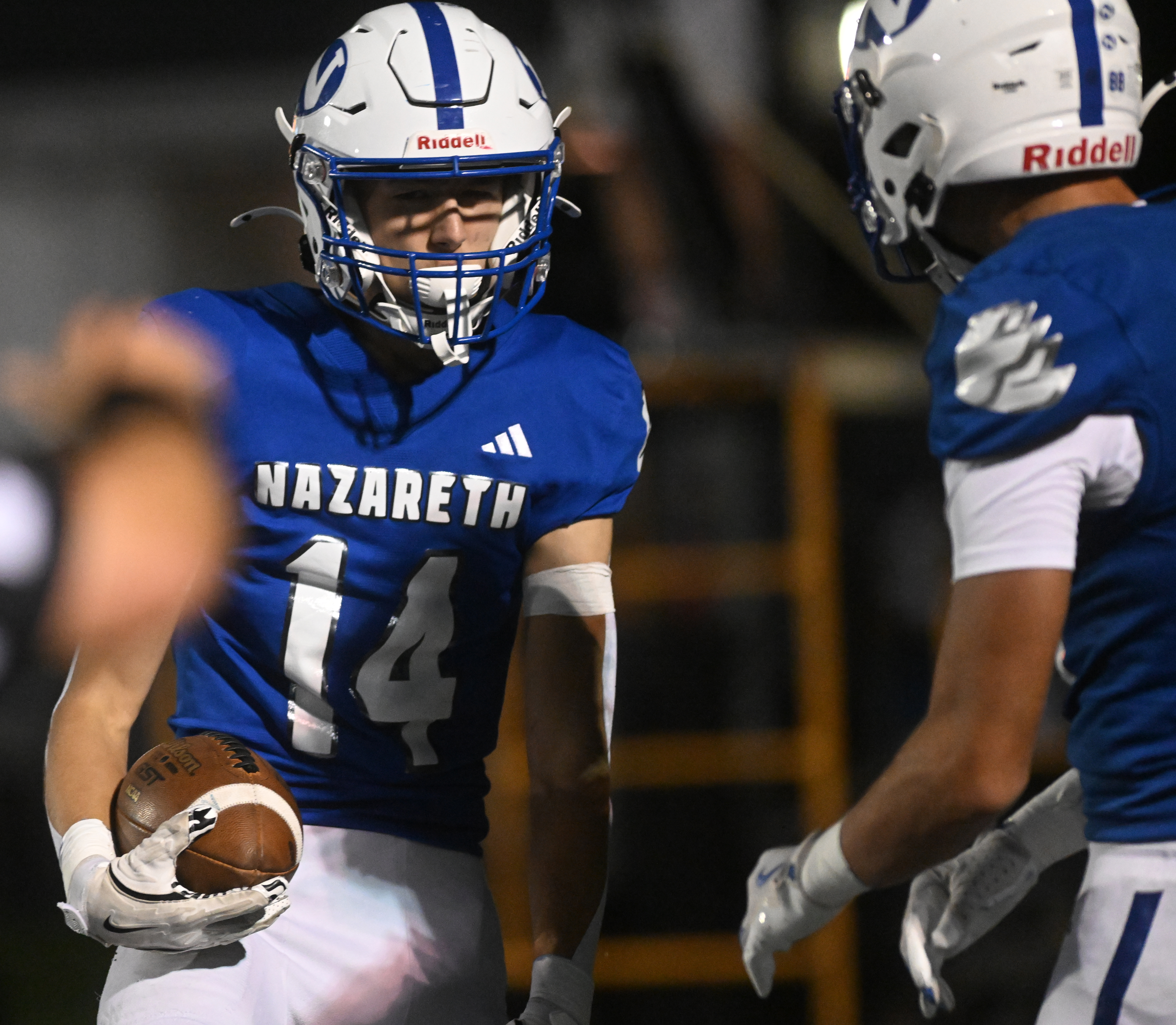 Nazareth's Matt Leluga, right, celebrates scoring Friday, Sept. 13, 2024, against Freedom at Nazareth High School.(Amy Shortell/The Morning Call)