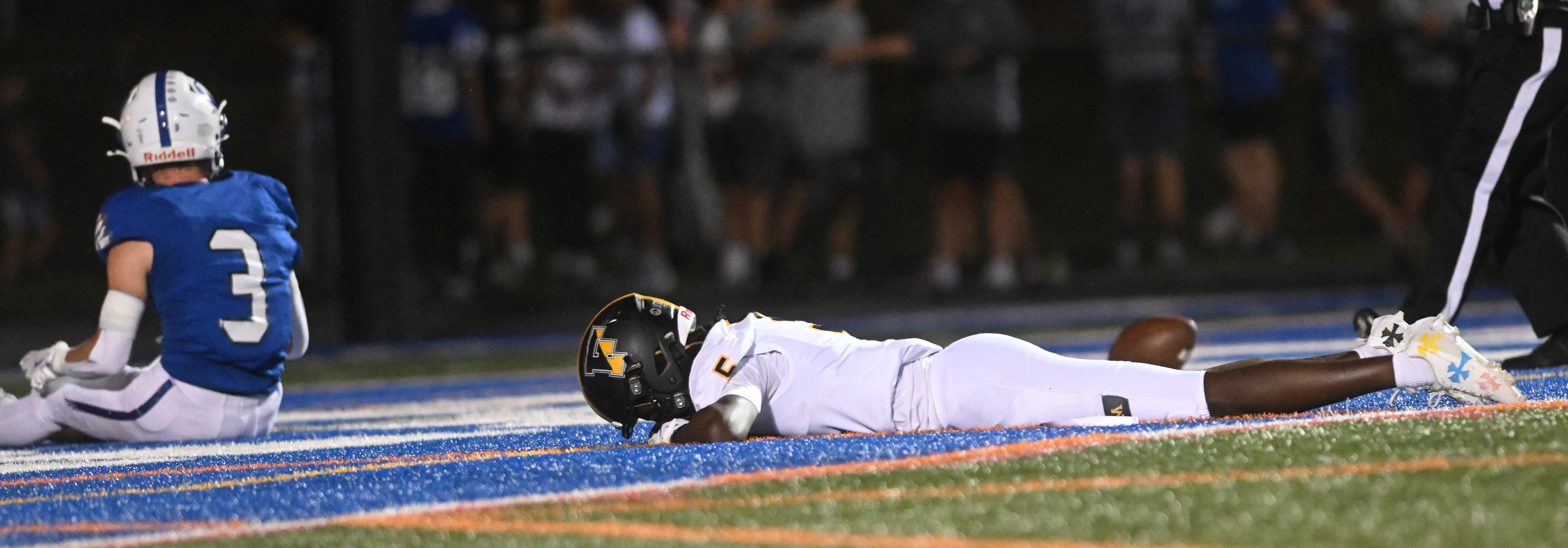 Freedom's Shacre Colwell leaps for the end zone only to come up short against Nazareth Friday, Sept. 13, 2024, at Nazareth High School.(Amy Shortell/The Morning Call)