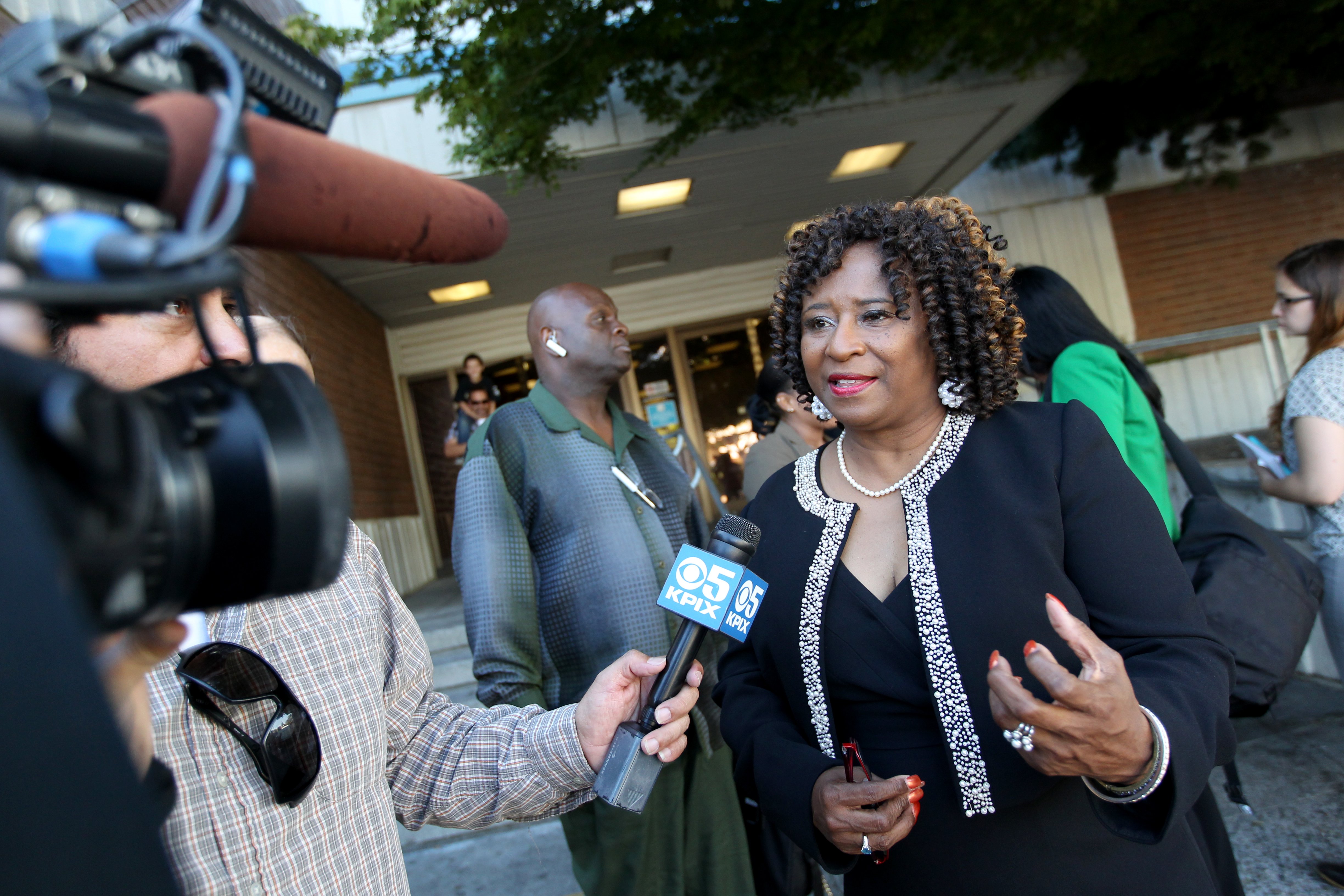 Attorney Pamela Price speaks to the news media in Hayward, Calif.