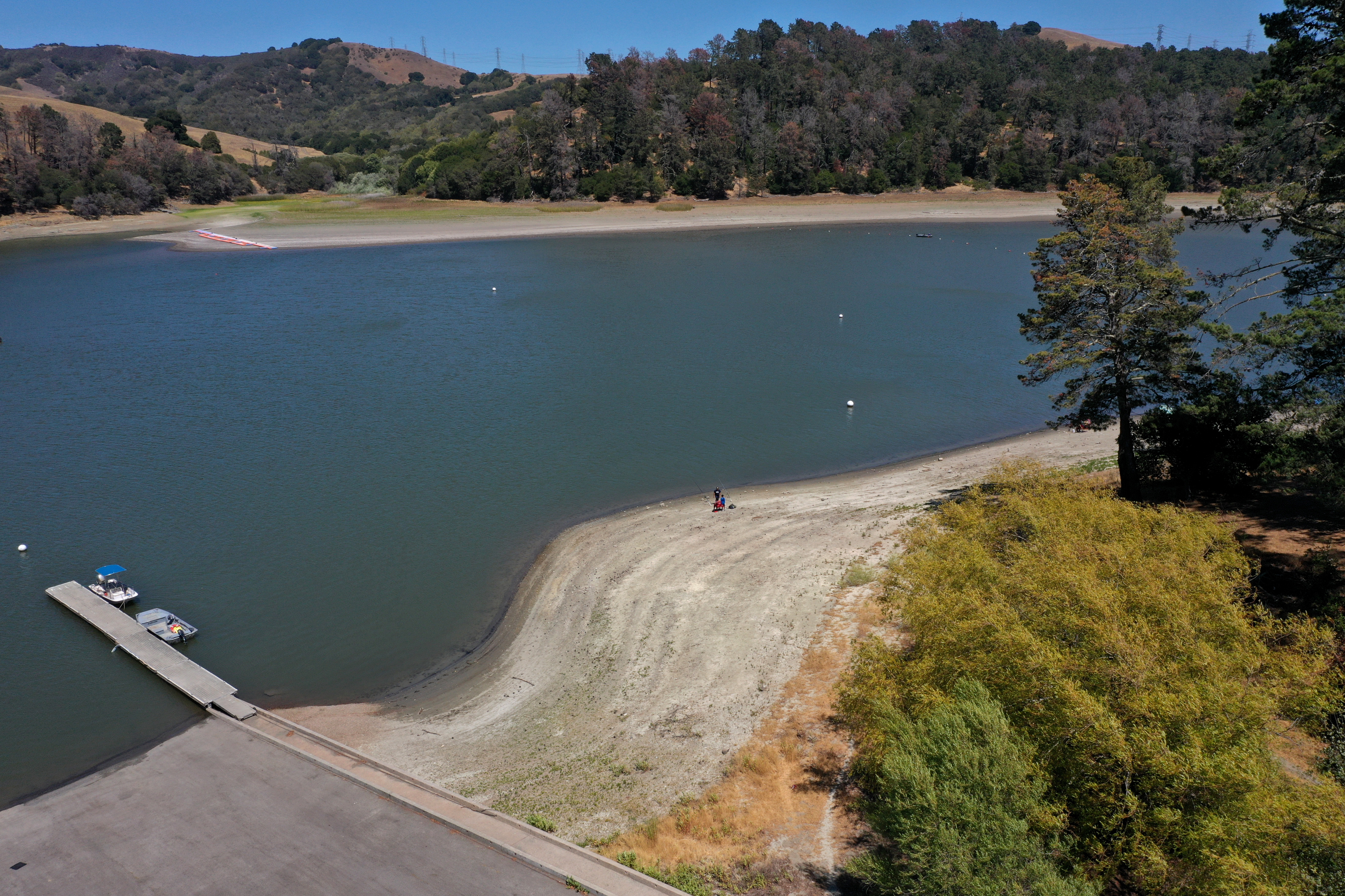 San Pablo Reservoir and the boat launch, left, are seen from this drone view in El Sobrante, Calif., on Wednesday, July 21, 2021.