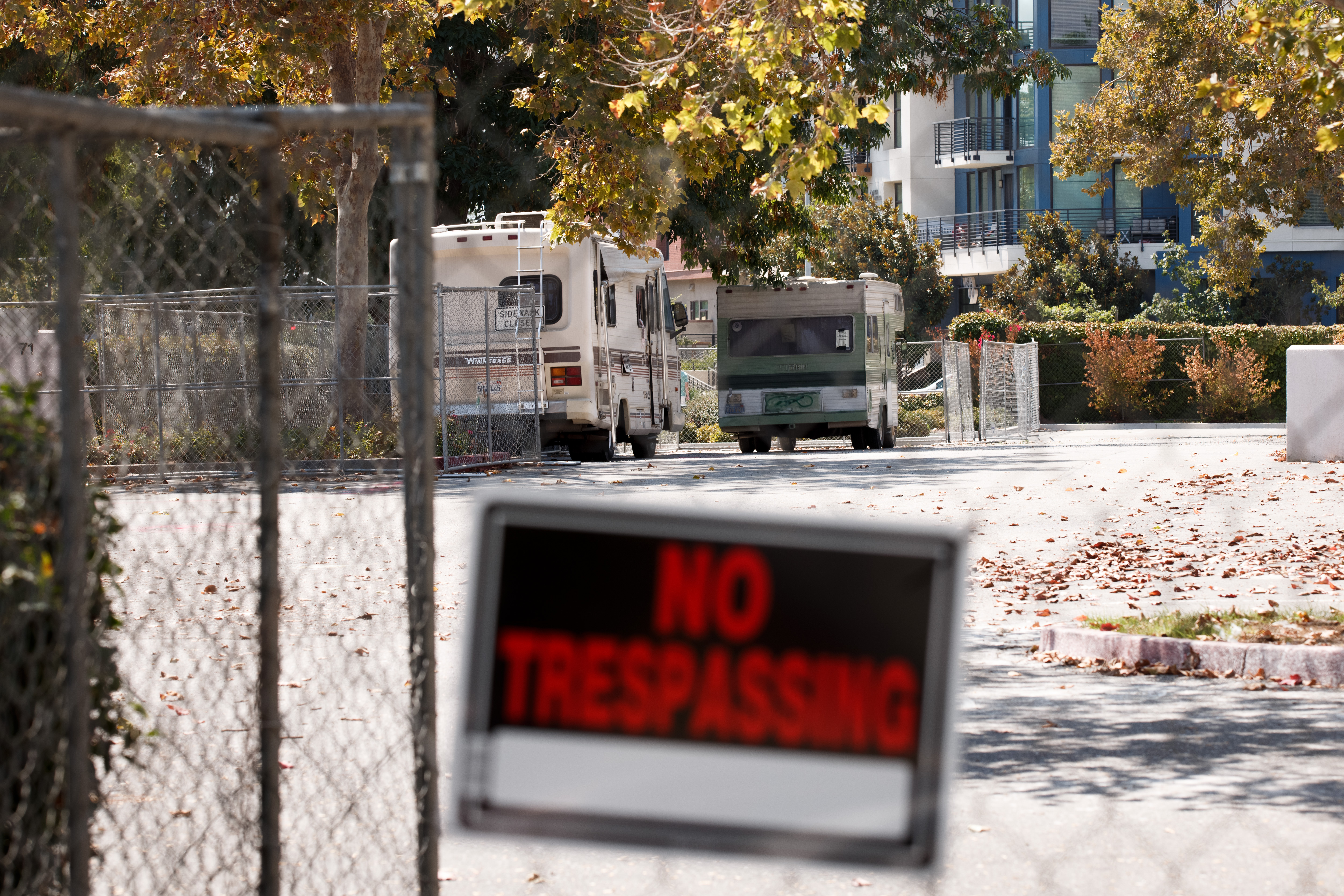 RVs are parked inside a safe parking site opened by the city of San Jose