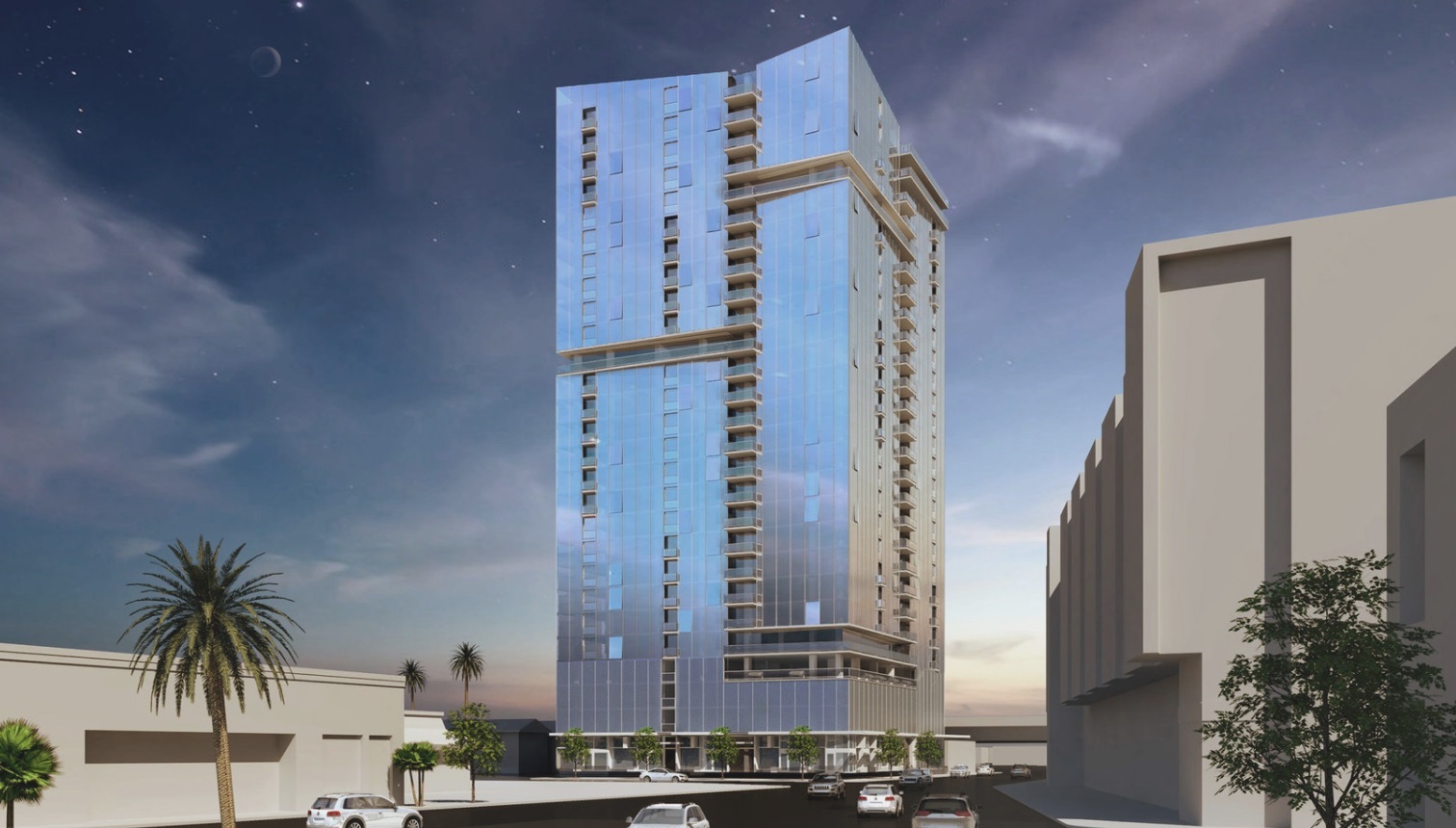 Garden Gate Tower, a residential highrise totaling 336 units at 600 S. First St. in downtown San Jose's SoFA district, concept. ( C2K Architecture )