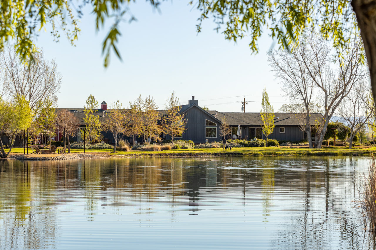The home sits with a view of the lake.