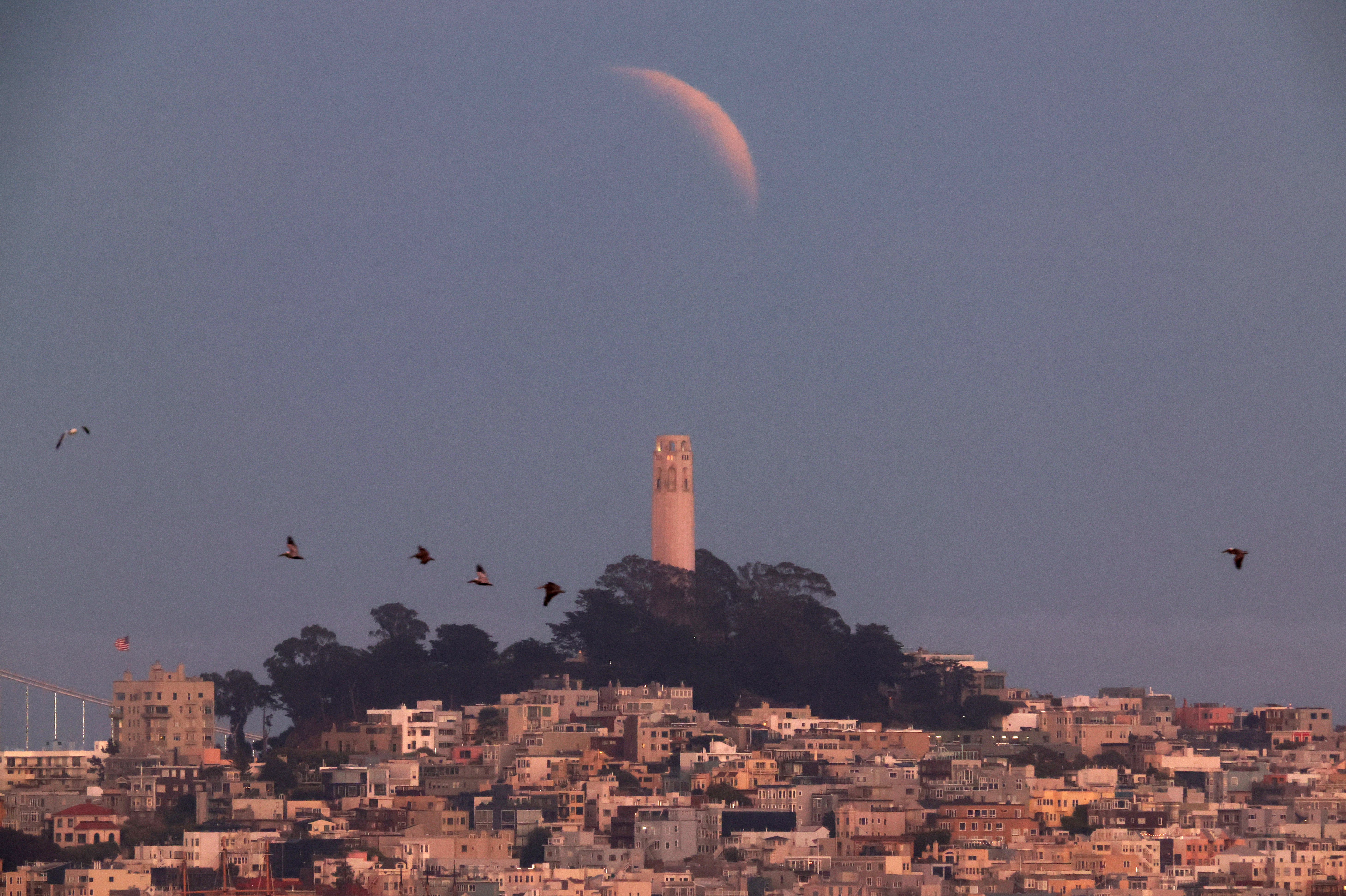 A partially-eclipsed Blood Moon rises over San Francisco's Coit Tower on May 15, 2022 in Sausalito, California.