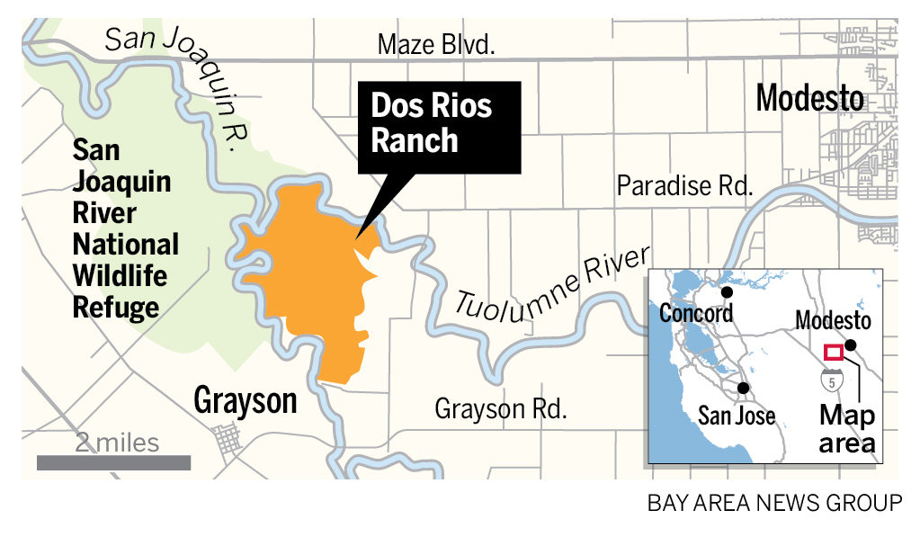 Map showing location of Dos Rios Ranch just west of Modesto California