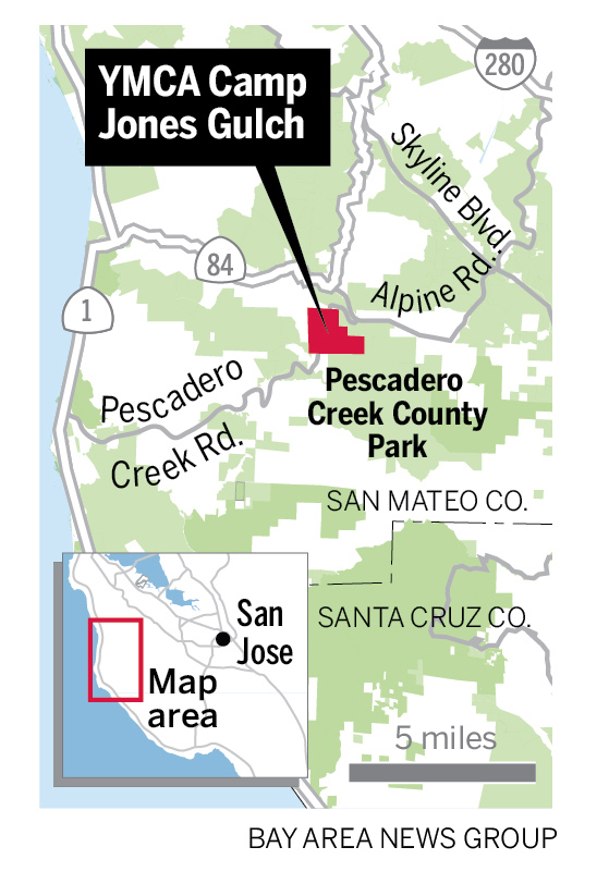 Map showing location OF YMCA CAMP JONES GULCH. Just north of Pescadero Creek County Park on Pescadero Creek Road.