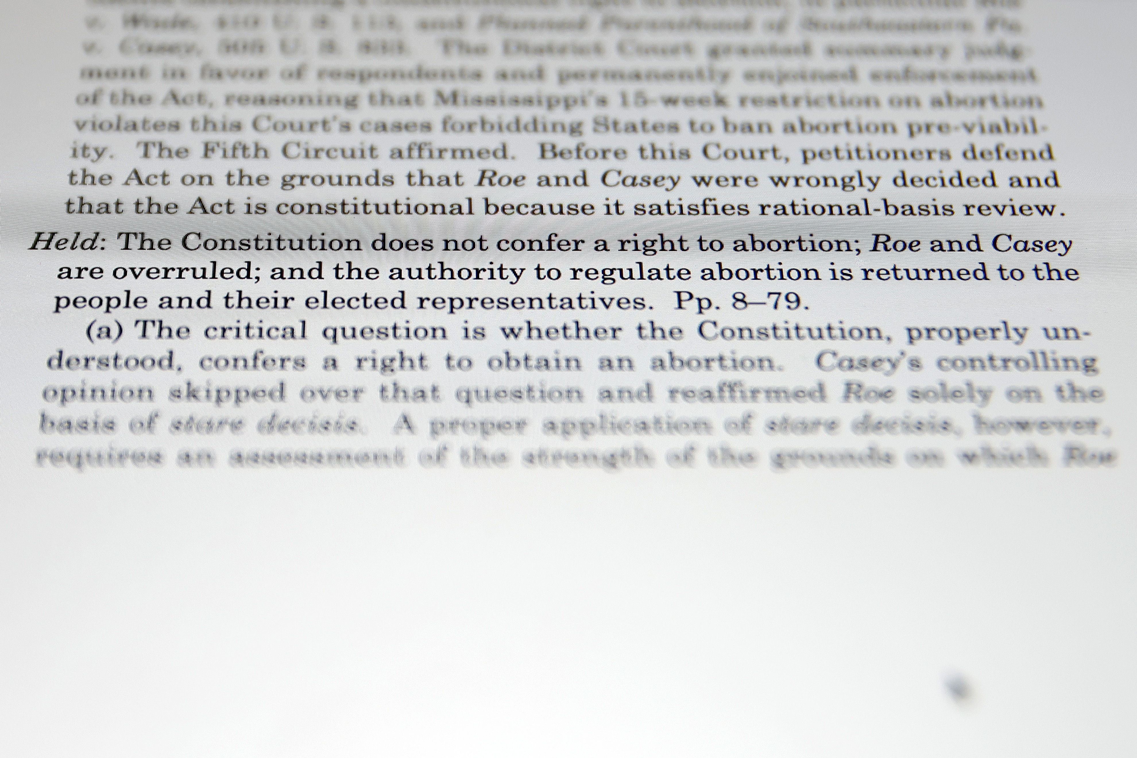 The U.S. Supreme Court decision in Dobbs v Jackson Women's Health which was issued electronically is seen on June 24, 2022 in Washington, DC. The Court's decision in Dobbs v Jackson Women's Health overturns the landmark 50-year-old Roe v Wade case and erases a federal right to an abortion. (Photo by Chip Somodevilla/Getty Images)