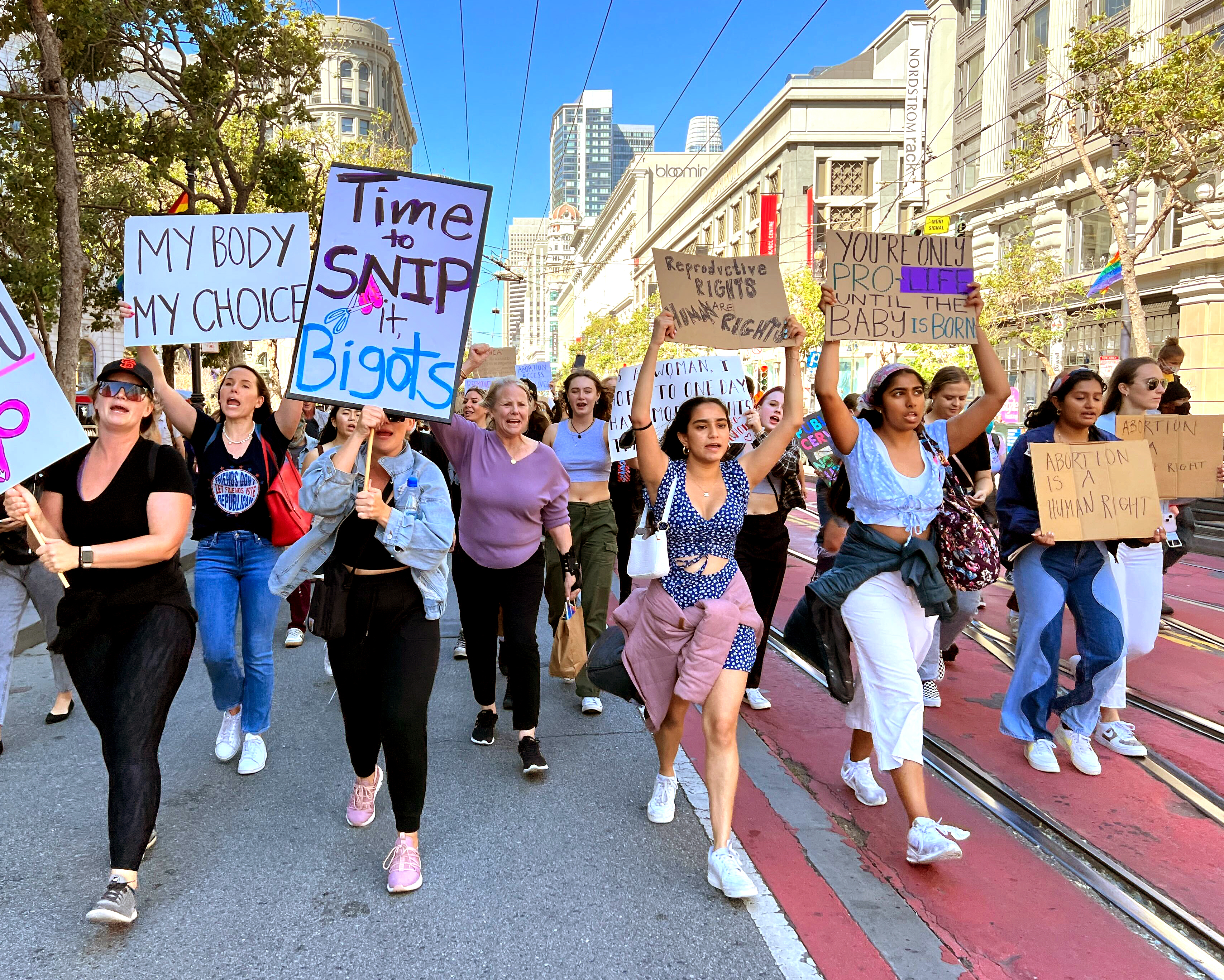 SAN FRANCISCO, CA - JUNE 24: Abortion rights activist march up Market Street in San Francisco, Calif. on Friday, June 24, 2022. The Supreme Court on Friday issued a decision that overturns the Roe v. Wade ruling removing the constitutional protections for abortion and clearing the way for states to ban abortions. (Jose Carlos Fajardo/Bay Area News Group)