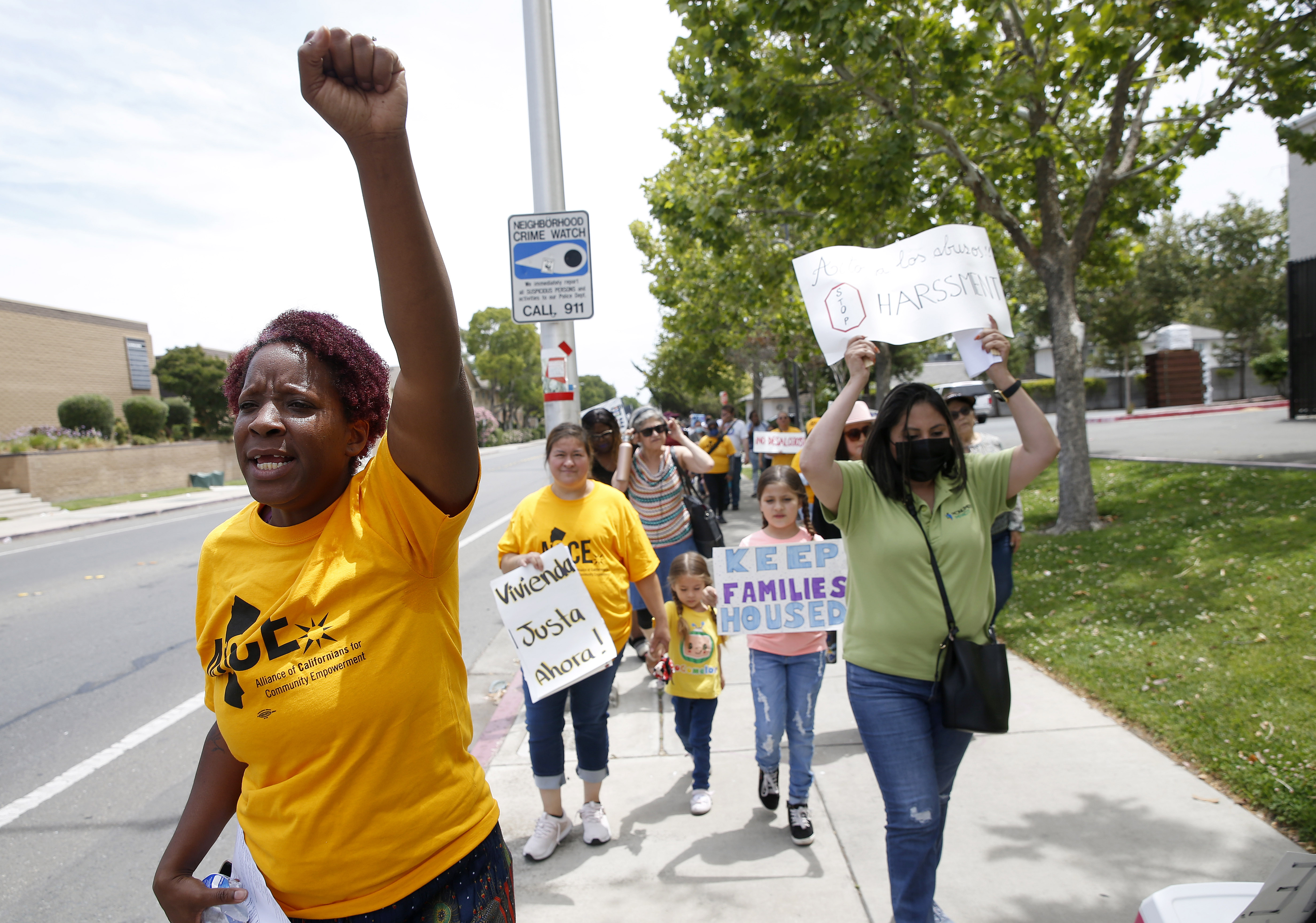 Kamilah Miller, left, and others take part in a march after a rally at the Delta Pines apartment complex in Antioch, Calif., on Wednesday, June 22, 2022. The rally highlighted the needs for rent stabilization, tenant anti-harassment and just-cause for eviction ordinances in the city. (Jane Tyska/Bay Area News Group)