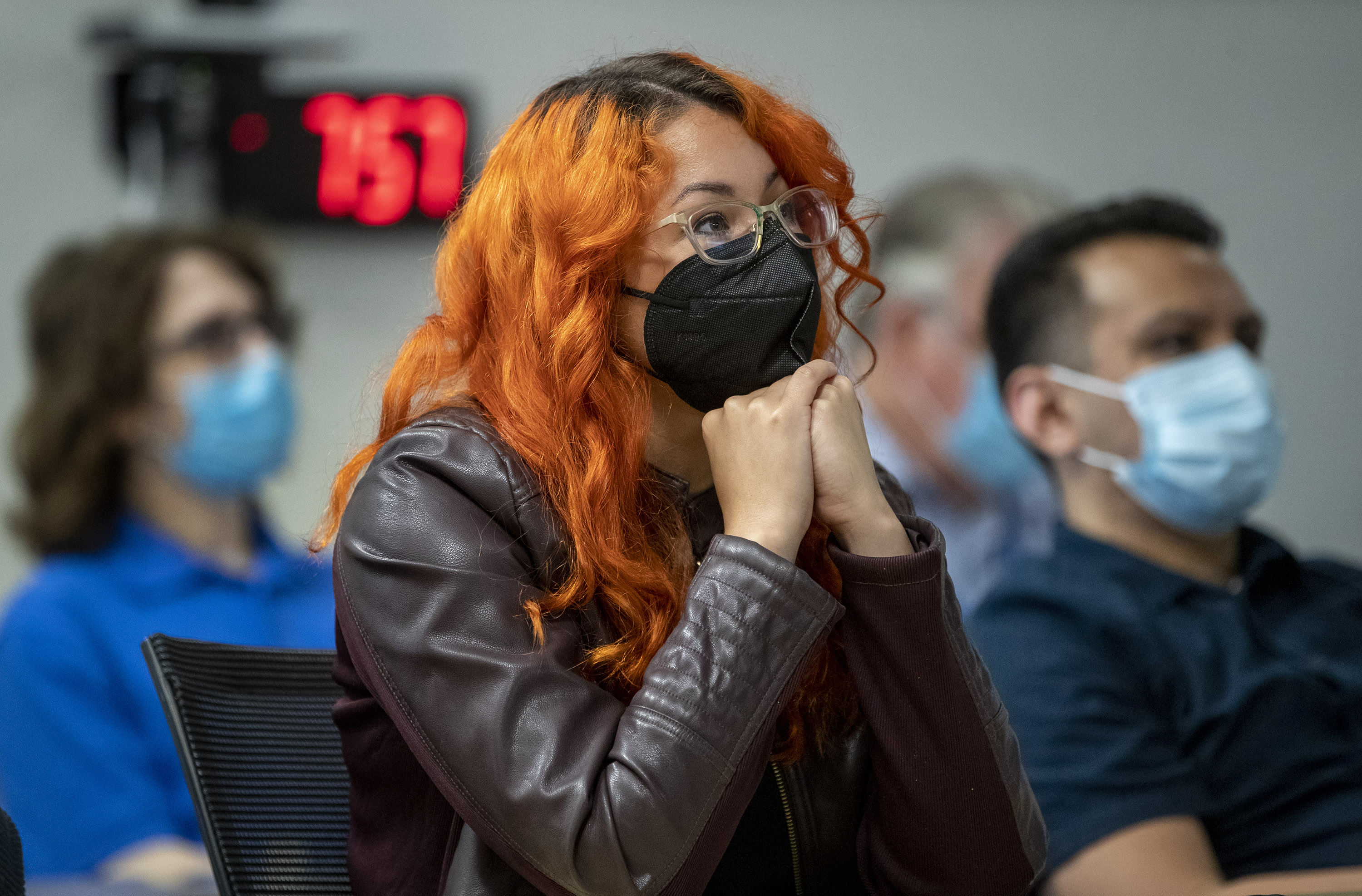 PALO ALTO, CALIFORNIA - JULY 12: Ariana Reyes, an engineer at Lockheed Martin's Advanced Technology Center in Palo Alto, Calif., watches as NASA reveals the first images of the James Webb Space Telescope, Tuesday, July 12, 2022. Engineers at ATC designed, assembled and tested NIRCam, the primary imager aboard the Webb telescope. (Karl Mondon/Bay Area News Group)