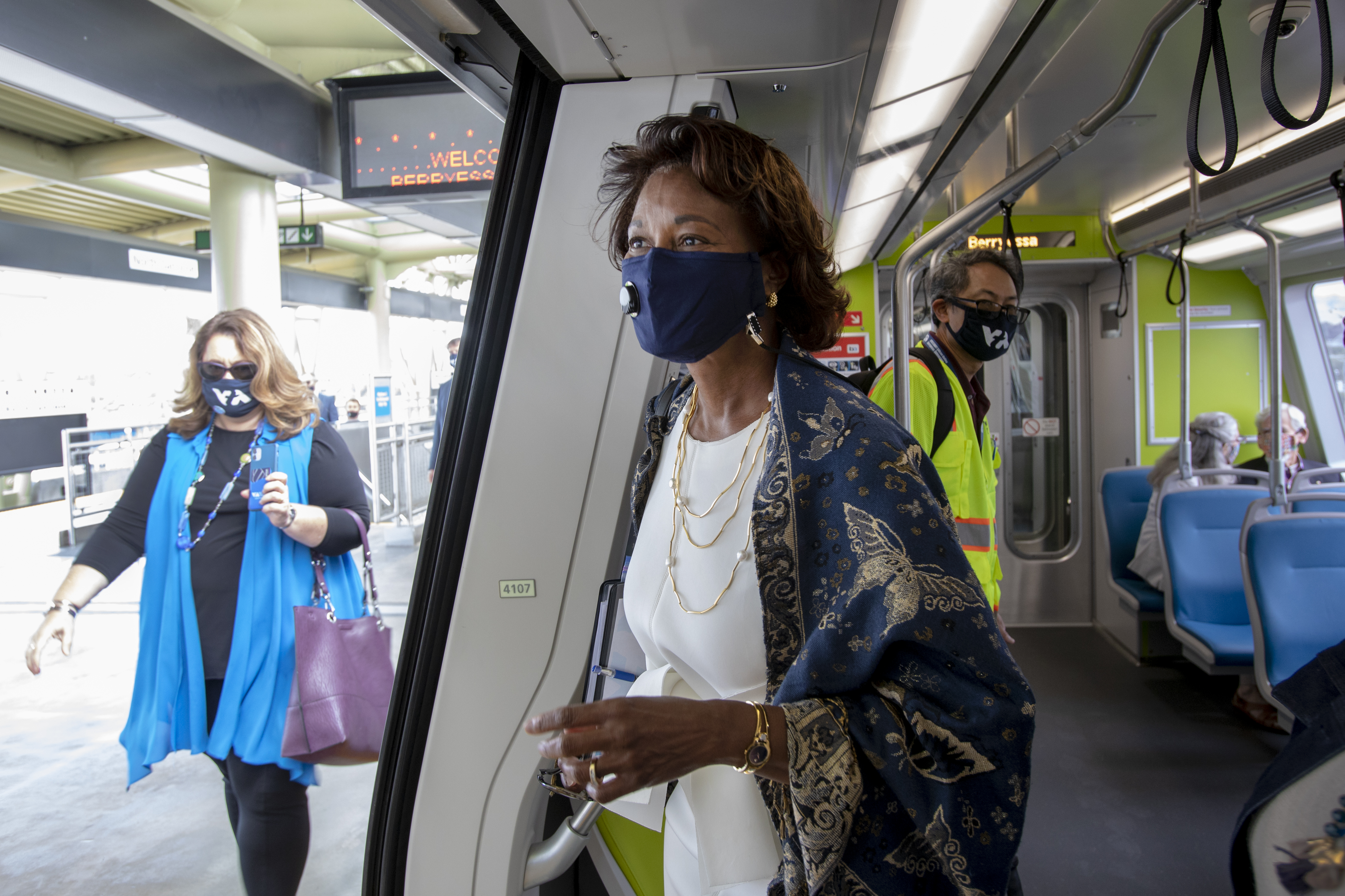 Nuria Fernandez, then general manager of the Valley Transportation Authority, boards a train at the Berryessa BART station in North San Jose for a ride up to the Milpitas BART station in this 2020 file photo. Fernandez, now a federal transit administrator in the U.S. Department of Transportation, will be a keynote speaker at a Sept. 10 environmental summit on green transportation hosted by by local Rotary groups.