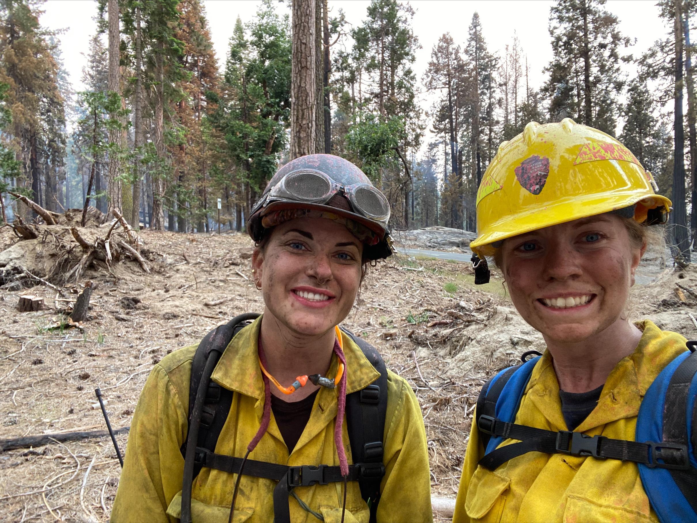 Rilee Nelson and Sarah Platt from Yosemite's Wildlife Fire Module Crew 1 near the Yosemite Grove during the initial attack after the Washburn Fire broke out July 7, 2022. Firefighters protected the massive sequoias, losing none, and saved all the homes and other facilities around Mariposa Grove. (Photo: Sarah Platt, National Park Service)