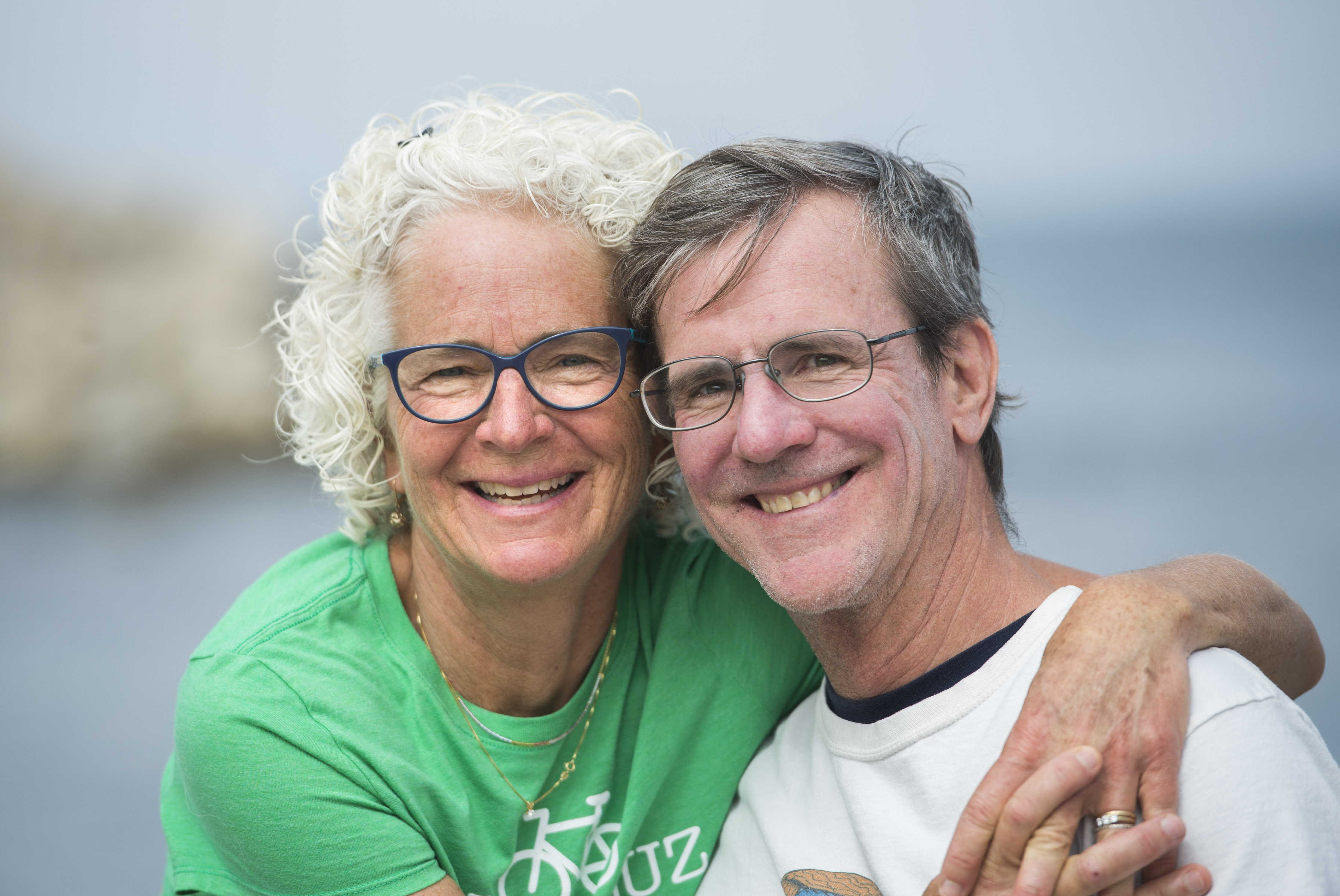 Dr. Brita Bruemmer and her husband Steve Bruemmer, who was bitten by a large great white shark while swimming on June 22, 2022, are photographed near the site of the attack at Lovers Point in Pacific Grove, Calif., on Thursday, Sept. 1, 2022. Bruemmer is a member of the Kelp Krawlers, a group of open-water swimmers and triathletes who swim at Lovers Point and other locations. He is now in a wheelchair and in rehab. (Doug Duran/Bay Area News Group)