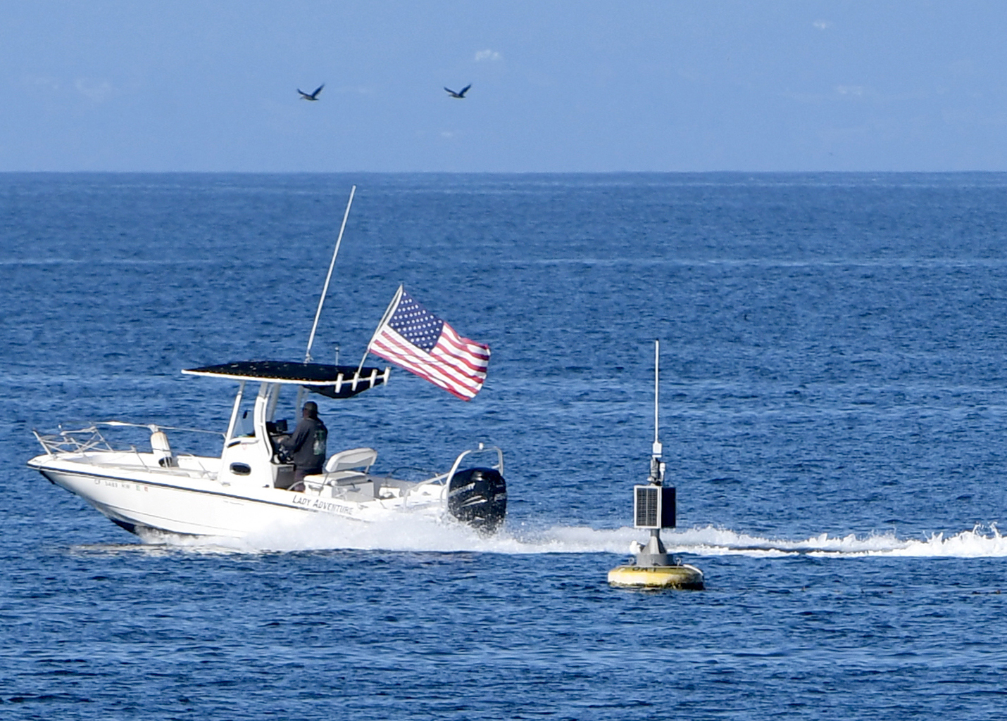A boat drives past the "shark buoy" stationed on the north end of Lovers Point marine reserve that picked up a ping from a passing shark wearing an electronic tag the day before Steve Bruemmer was attacked in June. The buoy is monitored by a lab at the Hopkins Marine Station that uploads the pings to a public website. (Doug Duran/ Bay Area News Group)