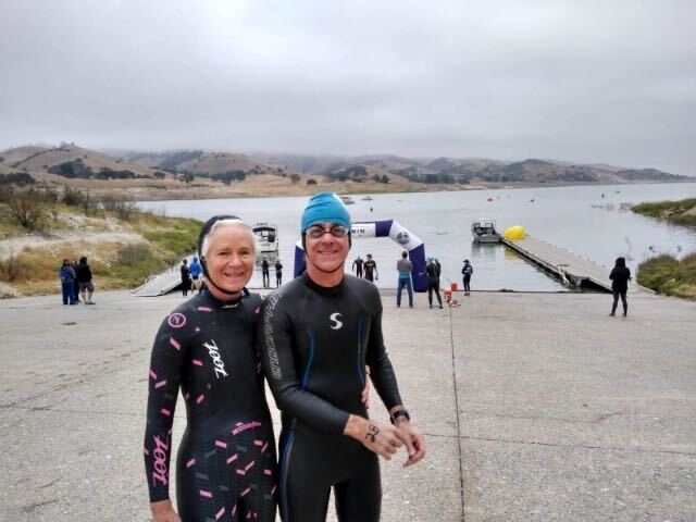 Steve Bruemmer, right, was an avid swimmer before he was attacked by a Shark at Lover's Point Beach. Here he is pictured with his wife, Brita, at the 2019 Lake San Antonio Triathlon. Bruemmer placed 1st on the Olympic swim for males aged 55-59 on May 5, 2019. (Photo courtesy of Steve Bruemmer)