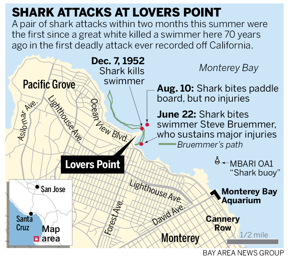 Map of Lovers Point in Pacific Grove. Site of three shark attacks since 1952.