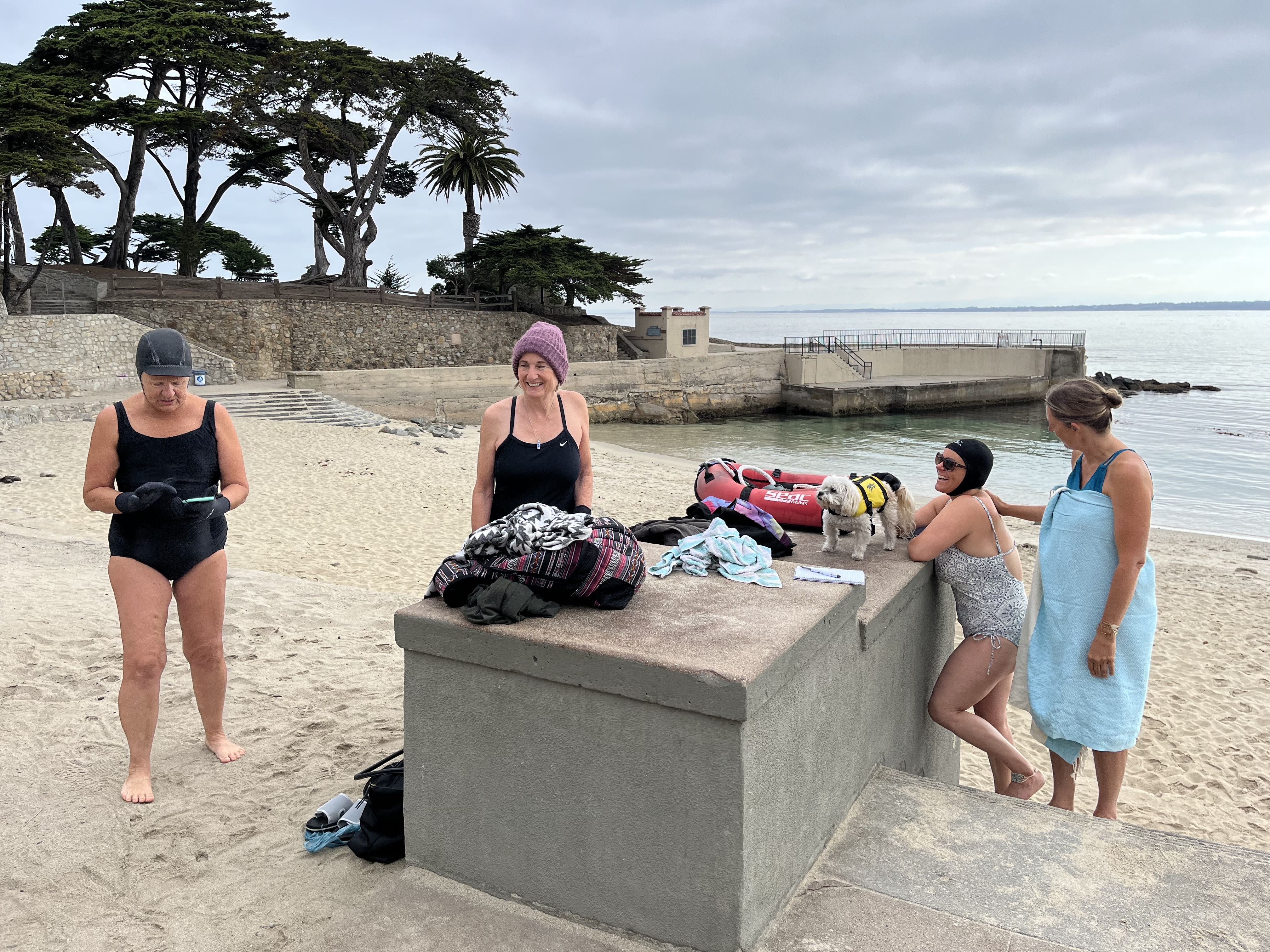 Kelly Majid, 50, wearing sunglasses on the right, and her friends prepare to swim in September in the cove at Lovers Point after two shark attacks there in June and August. Swimming in open waters has healed her soul after her husband died, she said. "It's about surrendering." (Julia Prodis Sulek/Bay Area News Group)