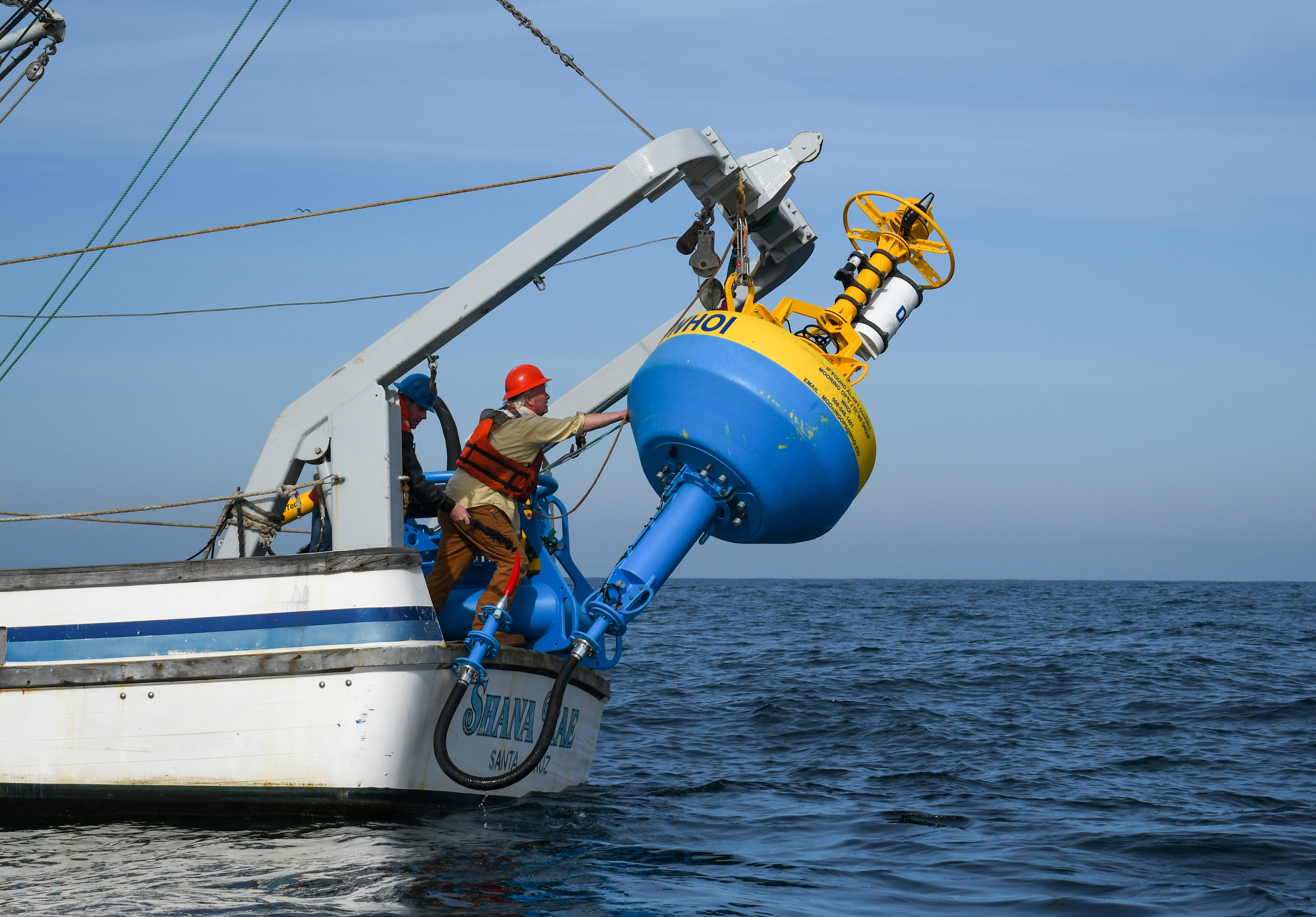 The Whale Safe acoustic buoy and hydrophone detection system is launched outside San Francisco in Feb. 2022. (Photo by Bekah Lane/ Marine Mammal Center)