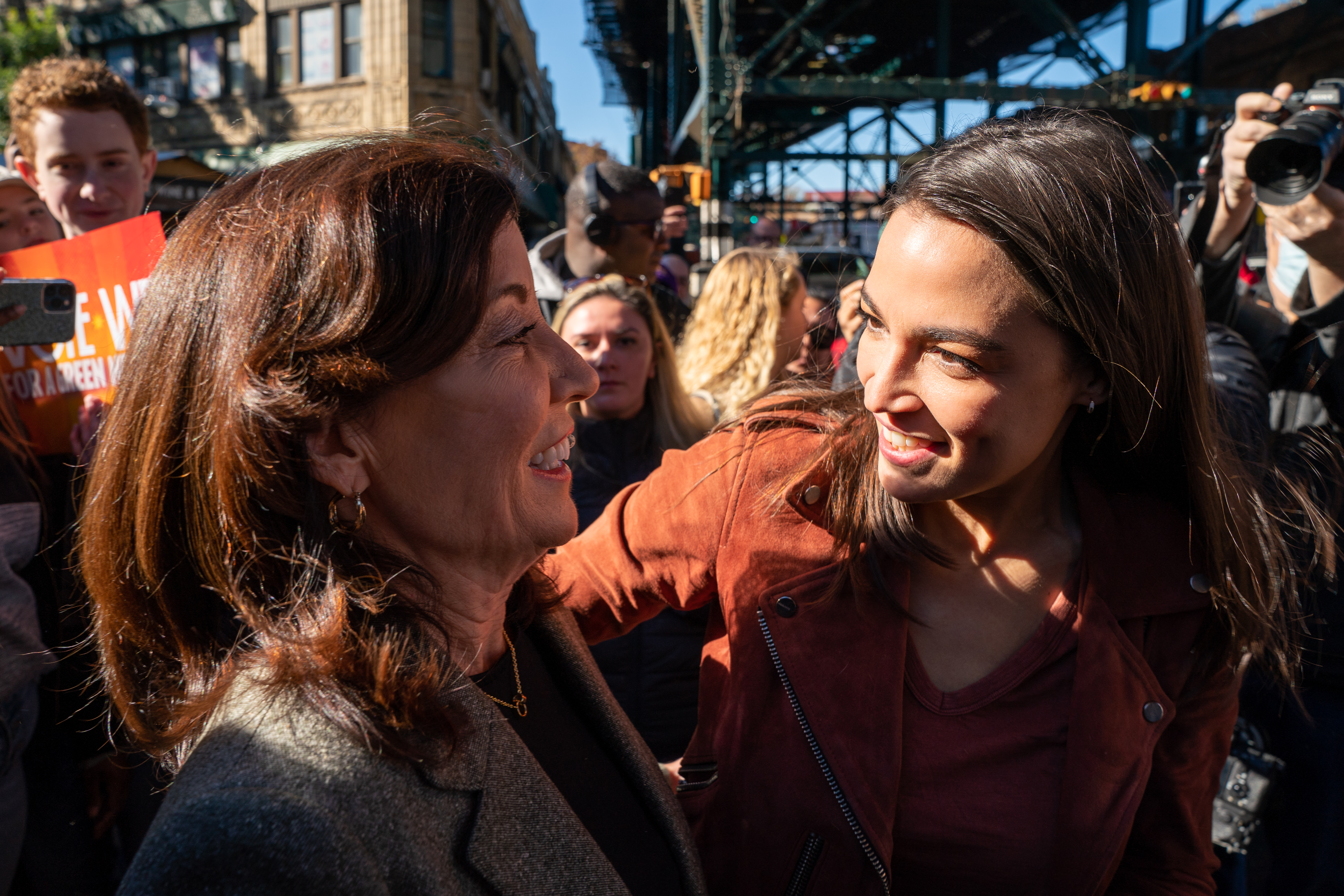 Gov. Kathy Hochul (D-NY) campaigns with Representative Alexandria Ocasio-Cortez (D-NY) on November 8, 2022 in New York City. Hochul holds a slim lead in the polls against Republican candidate Rep. Lee Zeldin. (Photo by David Dee Delgado/Getty Images)