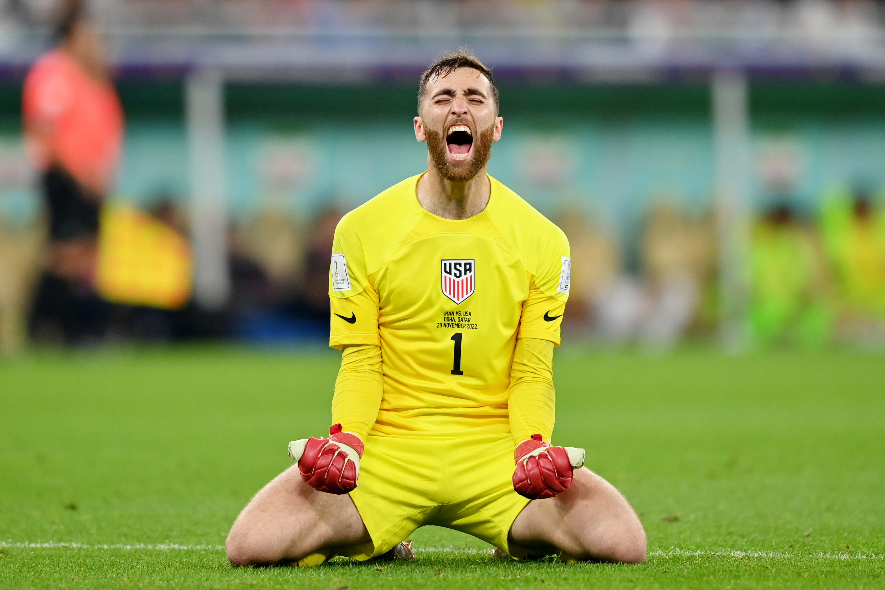 Matt Turner of United States celebrates after their first goal by Christian Pulisic during the FIFA World Cup Qatar 2022 Group B match between IR Iran and USA at Al Thumama Stadium on November 29, 2022 in Doha, Qatar. (Photo by Dan Mullan/Getty Images)
