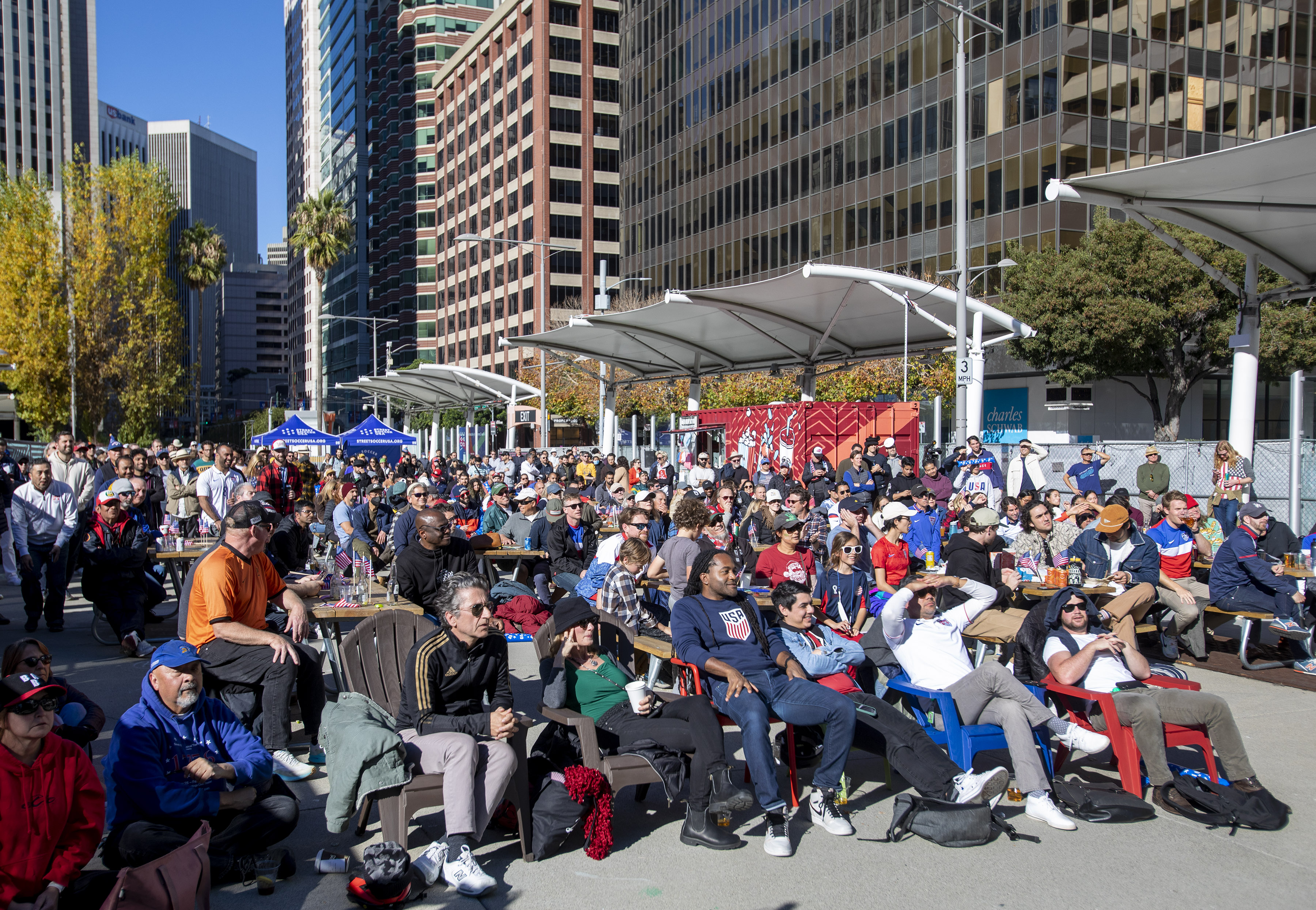 Soccer fans fill a World Cup watch party at The Crossing at East Cut in San Francisco, Calif., Tuesday, Nov. 29, 2022, as the United States defeats Iran, 1-0. (Karl Mondon/Bay Area News Group)