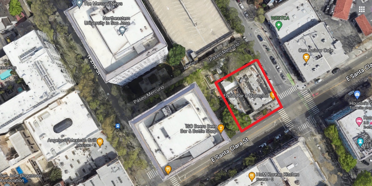 Downtown San Jose parcels that are the location of buildings at 91 and 97 E. Santa Clara St., shown within the outline. Boundaries are approximate. (Google Maps)