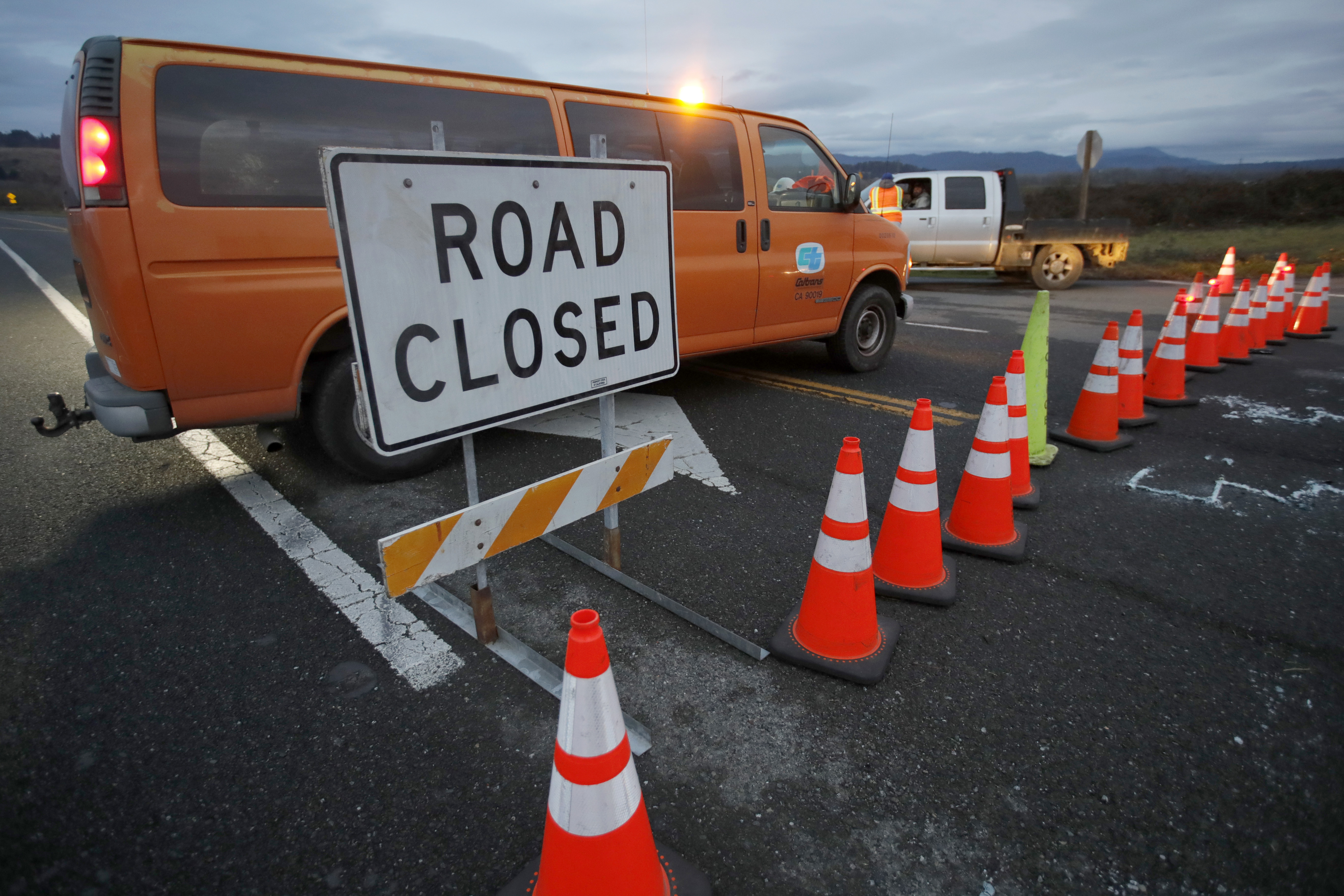 The road is closed on the west side of the 1911 Fernbridge after earthquake structural damage just outside of Ferndale, Calif., on Tuesday, Dec. 20, 2022.