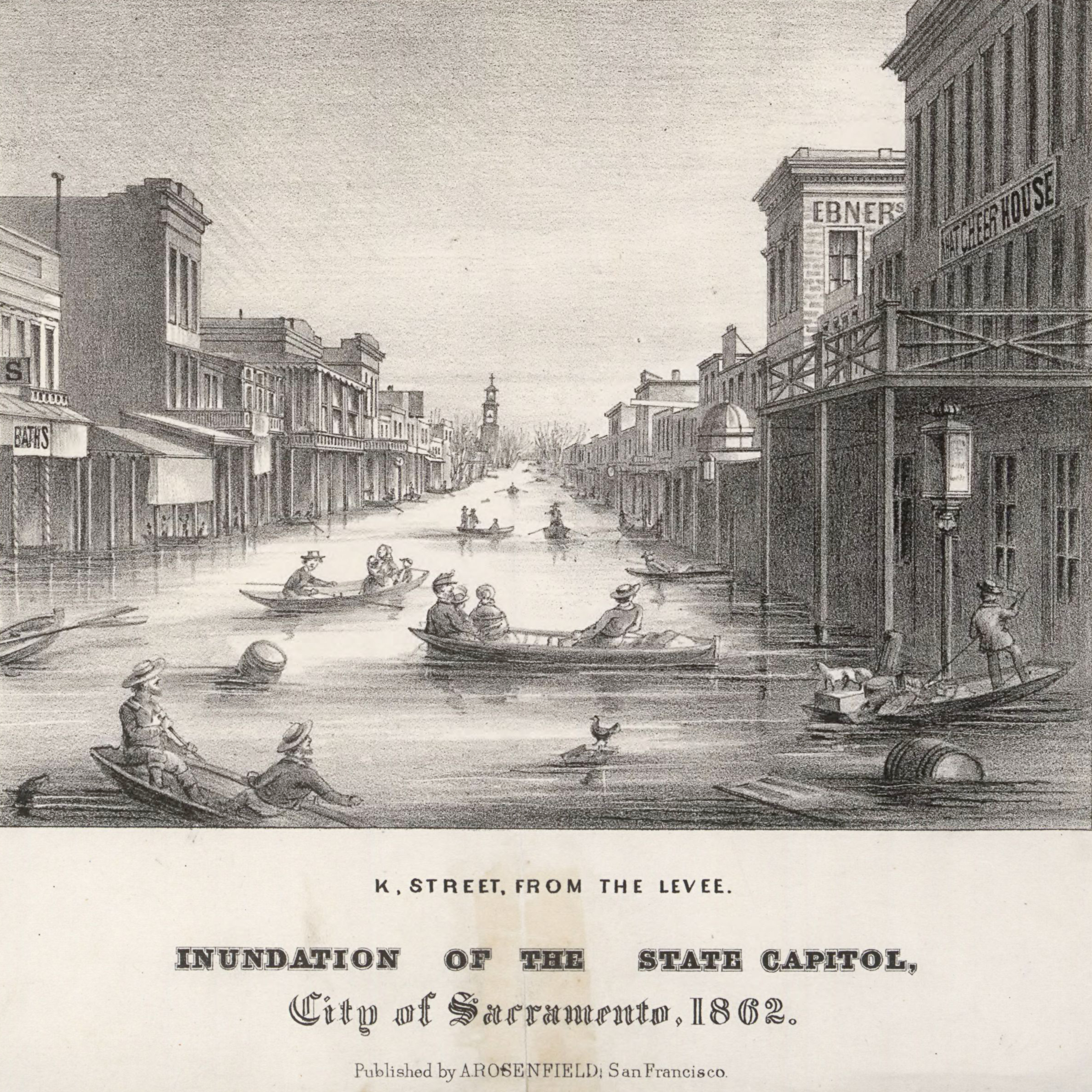 A lithograph shows people in boats on K Street in downtown Sacramento during the Great Flood of 1862. 