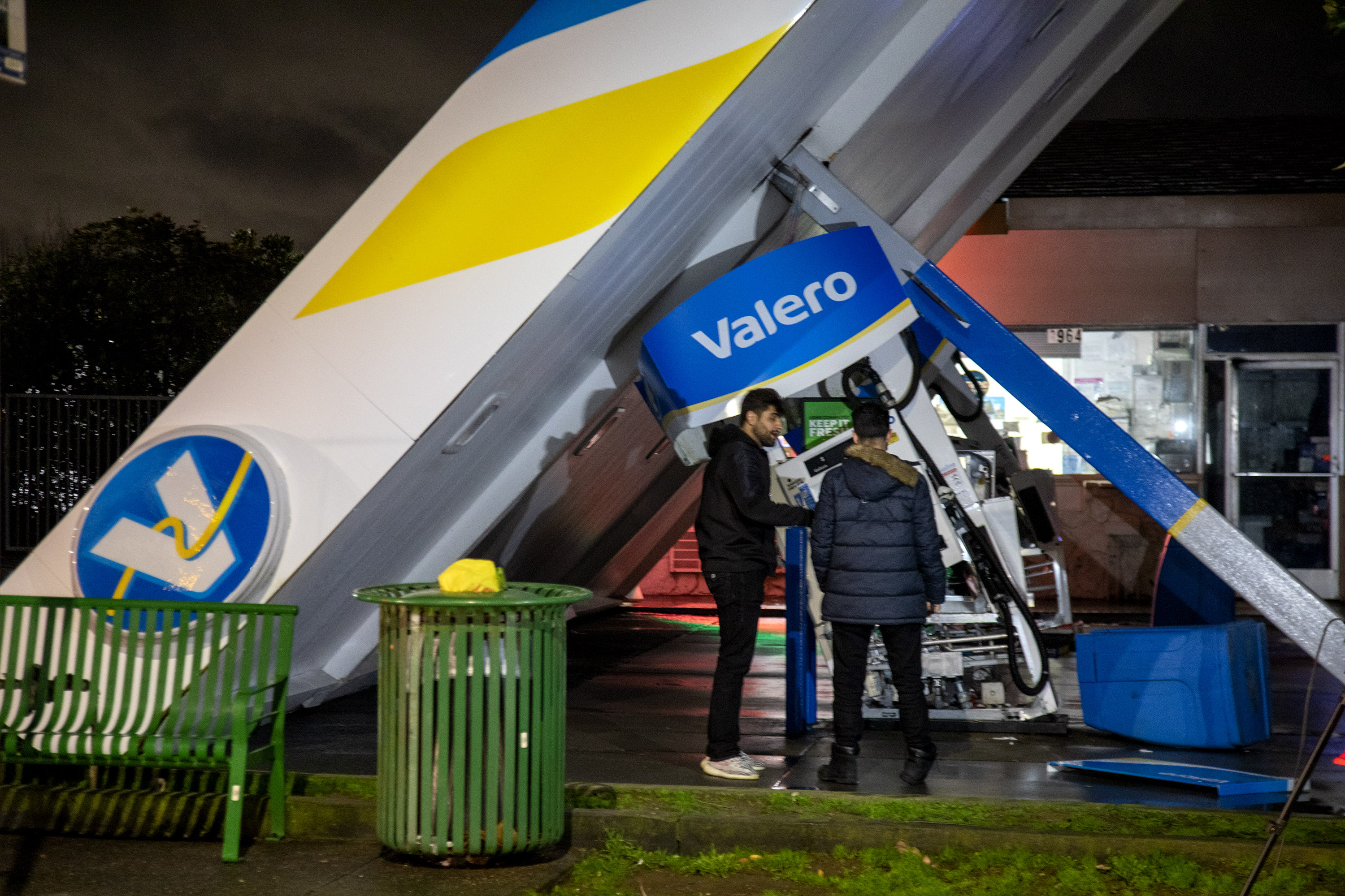 The canopy of a Valero gas station on Callan Boulevard in South San Francisco, Calif., sits at a diagonal after being toppled in high winds, Wednesday, Jan. 4, 2023. (Karl Mondon/Bay Area News Group)