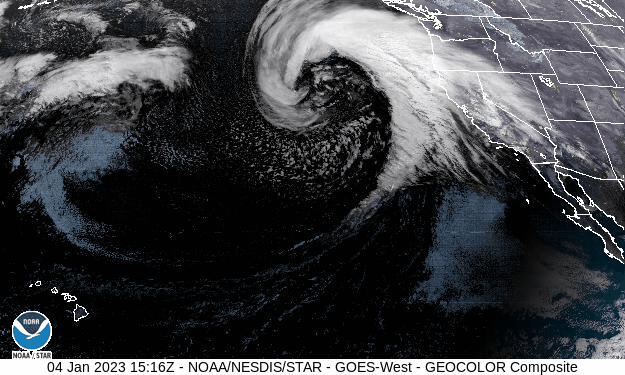 Composite satellite imagery captures a so-called bomb cyclone weather system as it swirls over Northern California on Wednesday, January 4, 2023. 