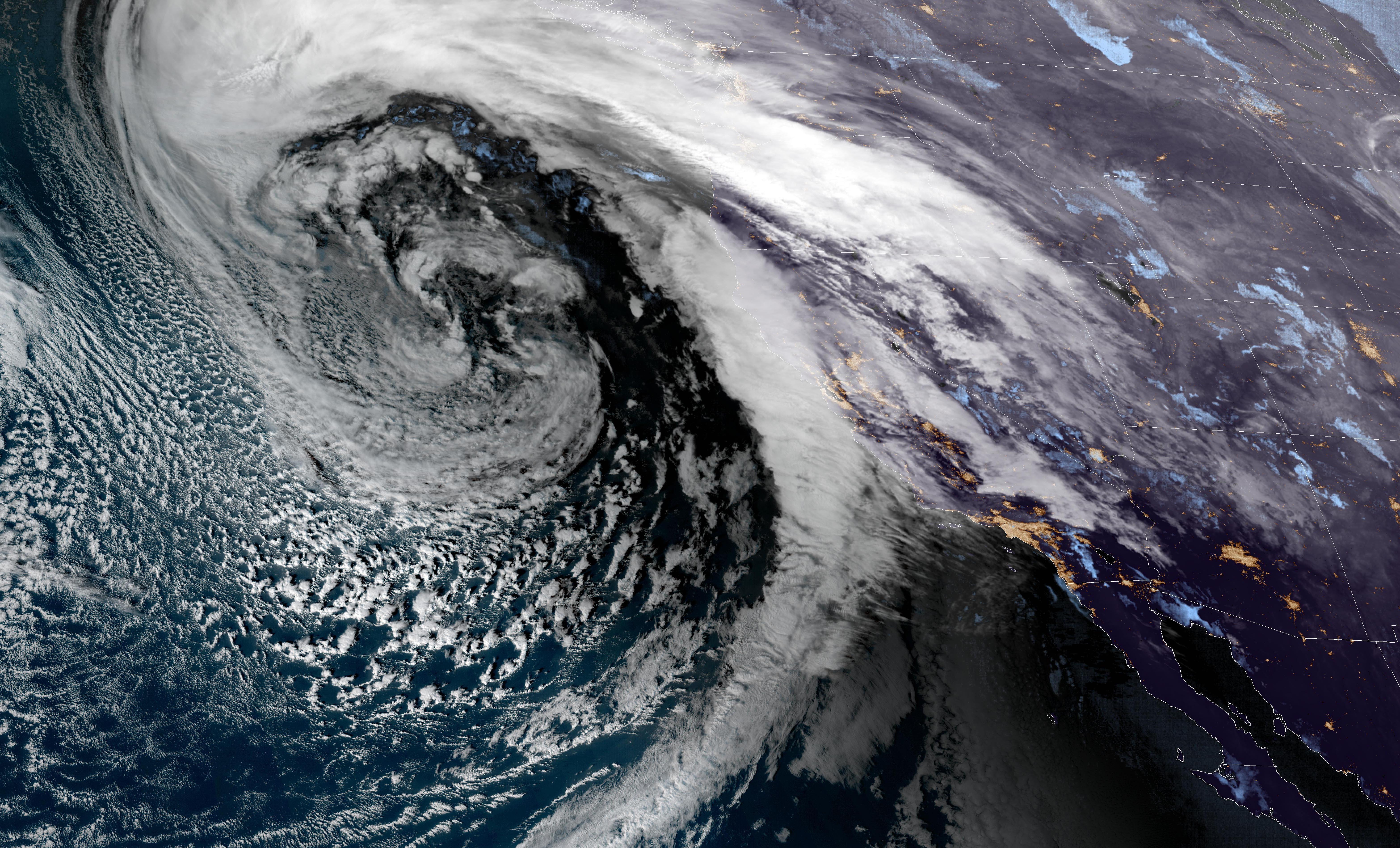 Composite satellite imagery captures a so-called bomb cyclone weather system as it swirls over Northern California on Wednesday, January 4, 2023. 