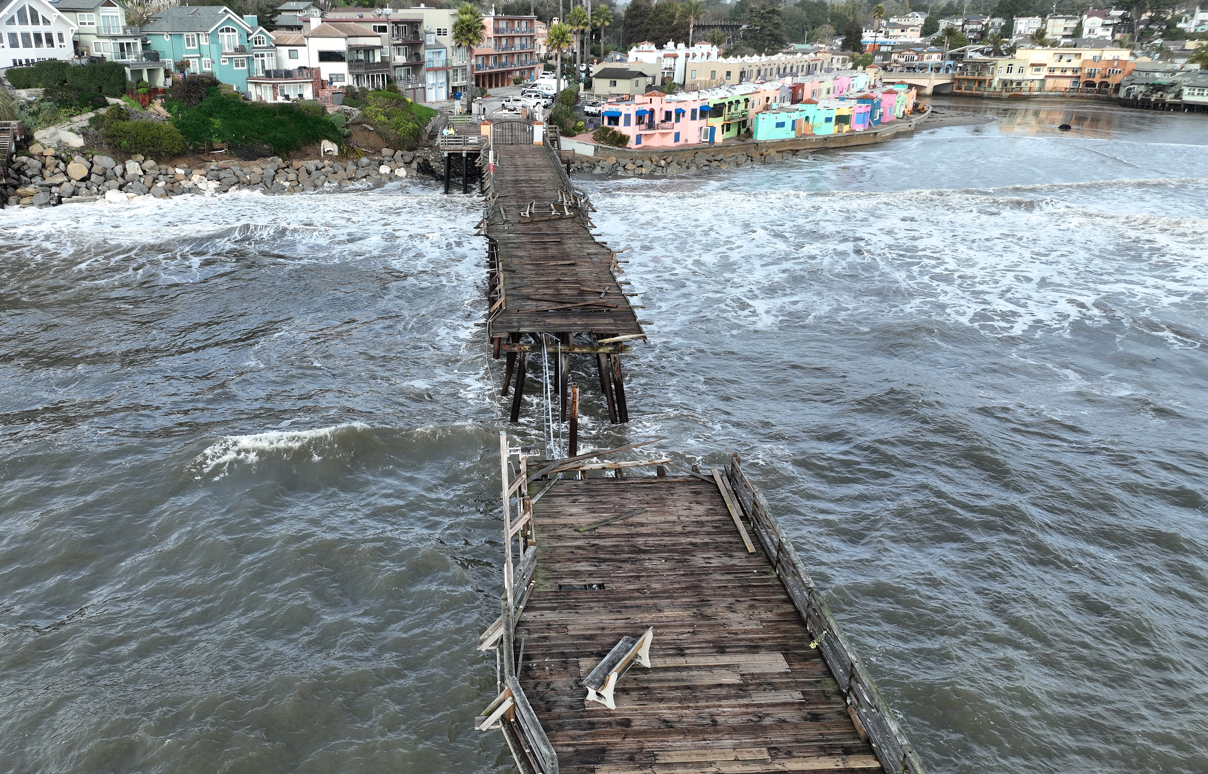 In an aerial view, damage is visible on the Capitola Wharf following a powerful winter storm on Jan. 6, 2023 in Capitola, Calif.