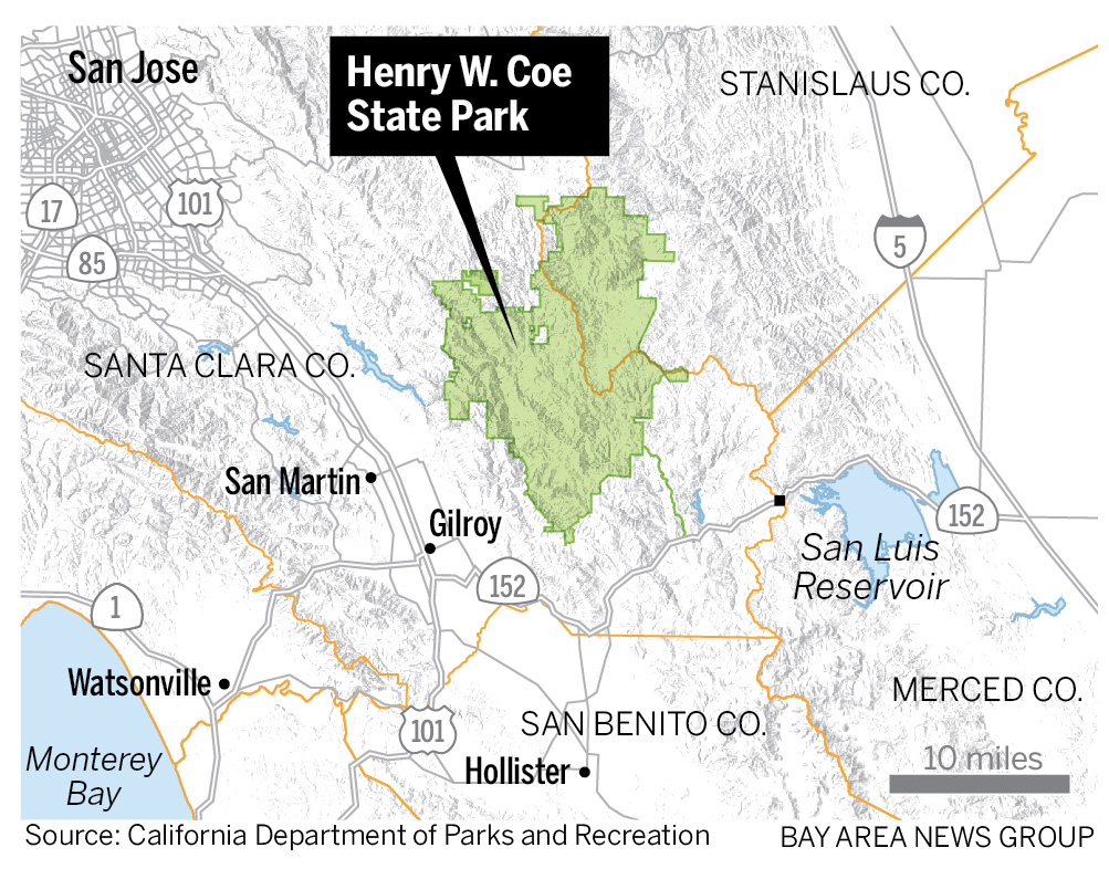 Map showing Henry W. Coe State Park, southeast of San Jose.