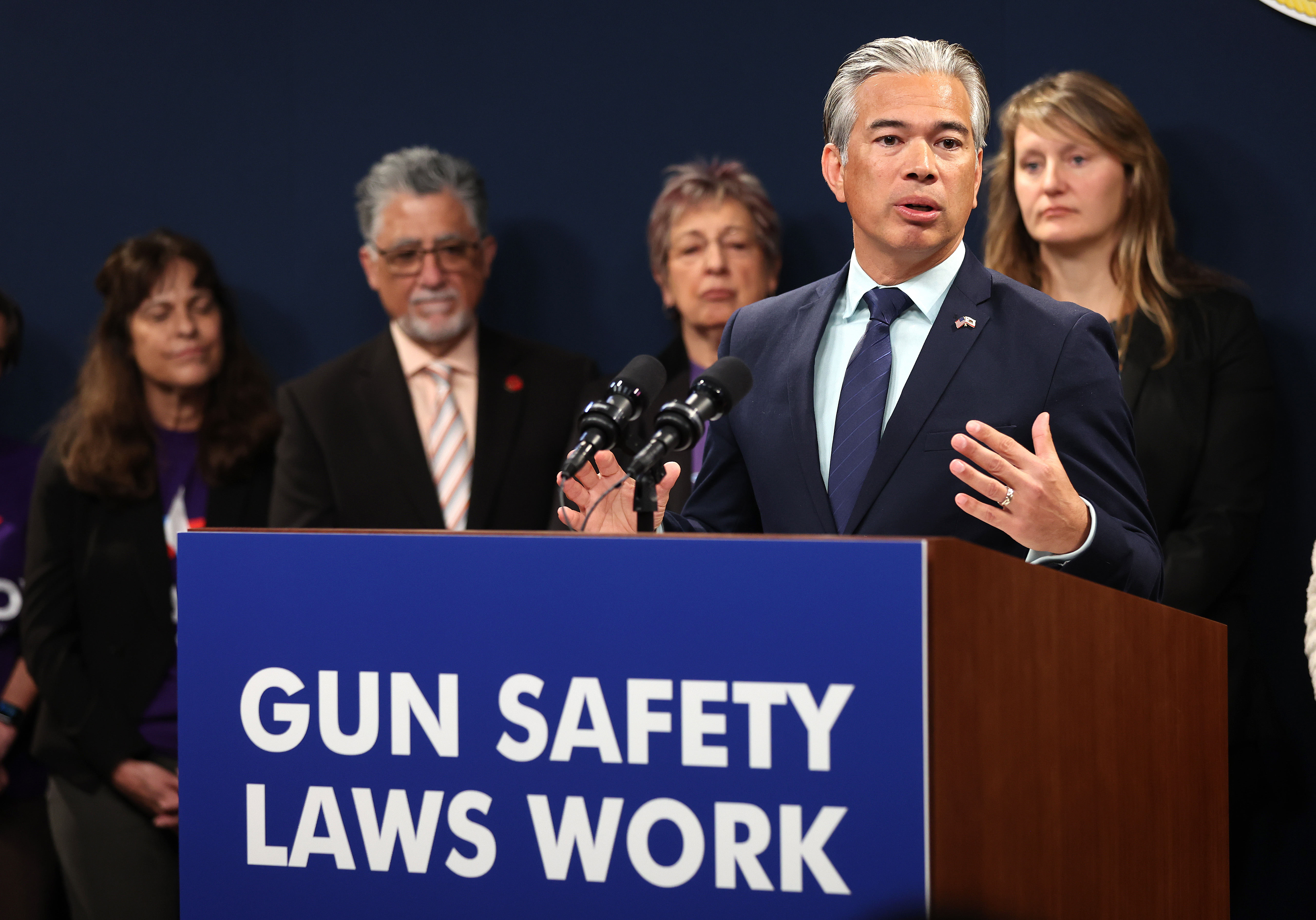 California Attorney General Rob Bonta speaks during a press conference on February 01, 2023 in Sacramento, California. California Gov. Gavin Newsom, state Attorney General Rob Bonta, state Senator Anthony Portantino (D-Burbank) and other state leaders announced SB2 - a new gun safety legislation that would establish stricter standards for Concealed Carry Weapon (CCW) permits to carry a firearm in public. The bill designates "sensitive areas," like bars, amusement parks and child daycare centers where guns would not be allowed. (Photo by Justin Sullivan/Getty Images)